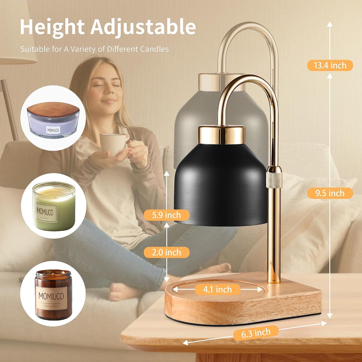 Candle Warmer Lamp with Timer, Height Adjustable Wax Melt Warmer | Modern retro black glass shade, wood base, aesthetic
