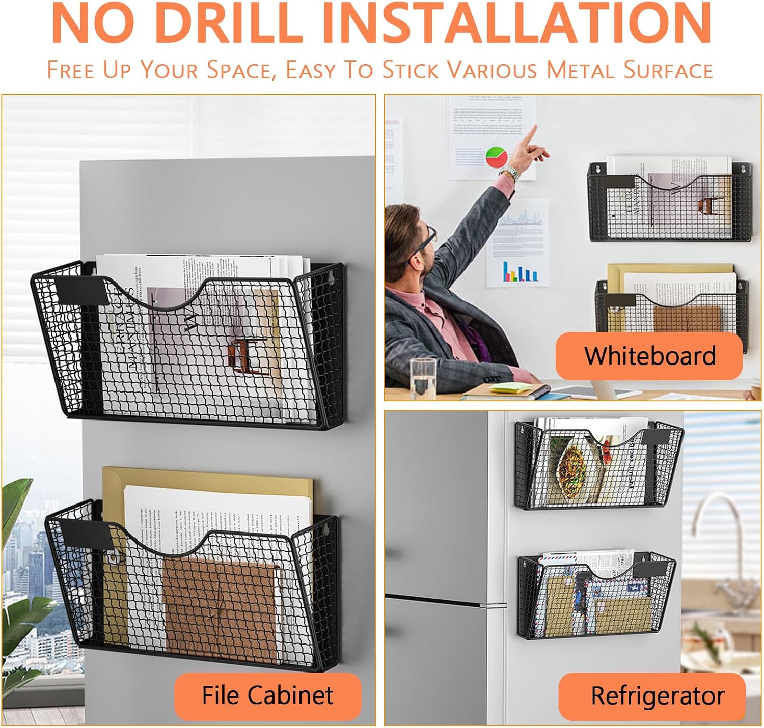 MFTEK Magnetic File Holder, 2 Pockets Magnetic File Folder Holder No Drilling Magnet Paper Mail Organizer Magazine