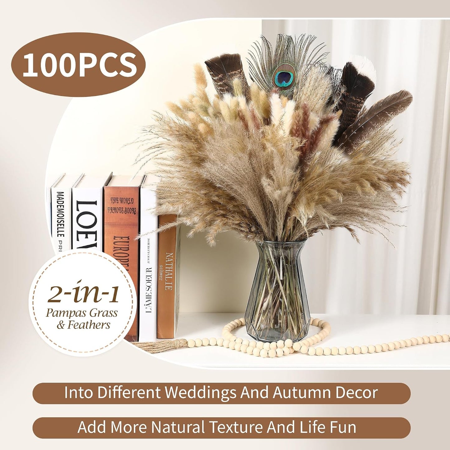 Feathers Boho Flowers Arrangement / 16-17inch / Natural / 17 Inch / Set of 100