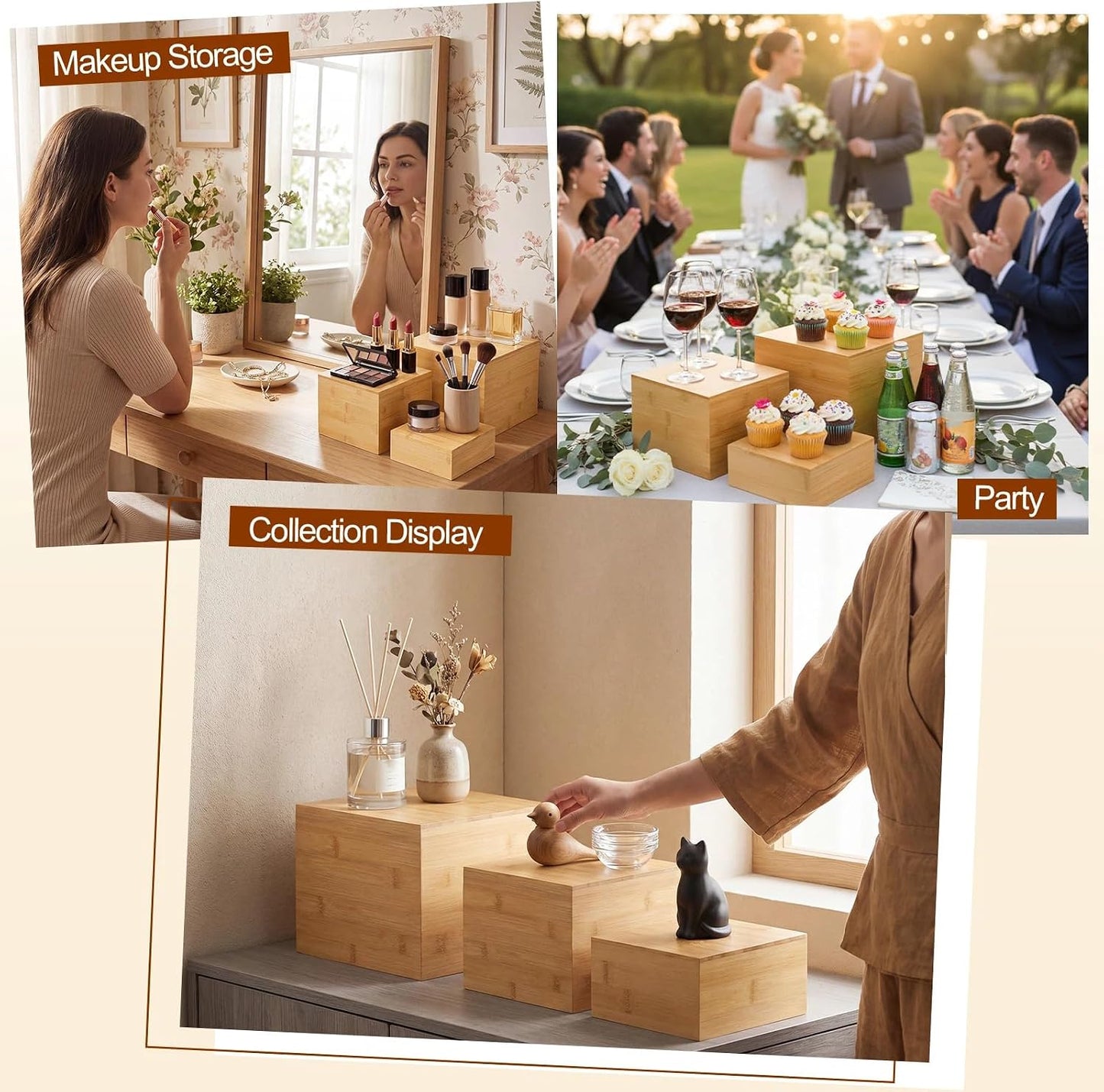 Cake Display Stand Cube Box / 6'' 7'' 8 / Beige / Set of 3
