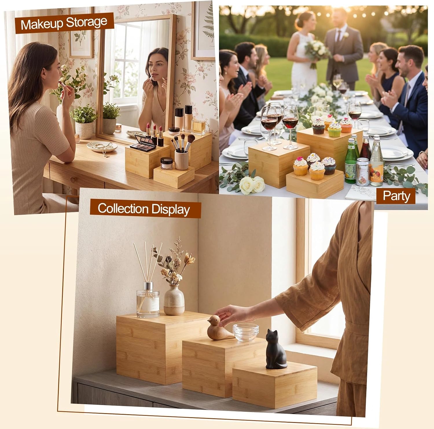 Cake Display Stand Cube Box / 6'' 7'' 8 / Beige / Set of 3
