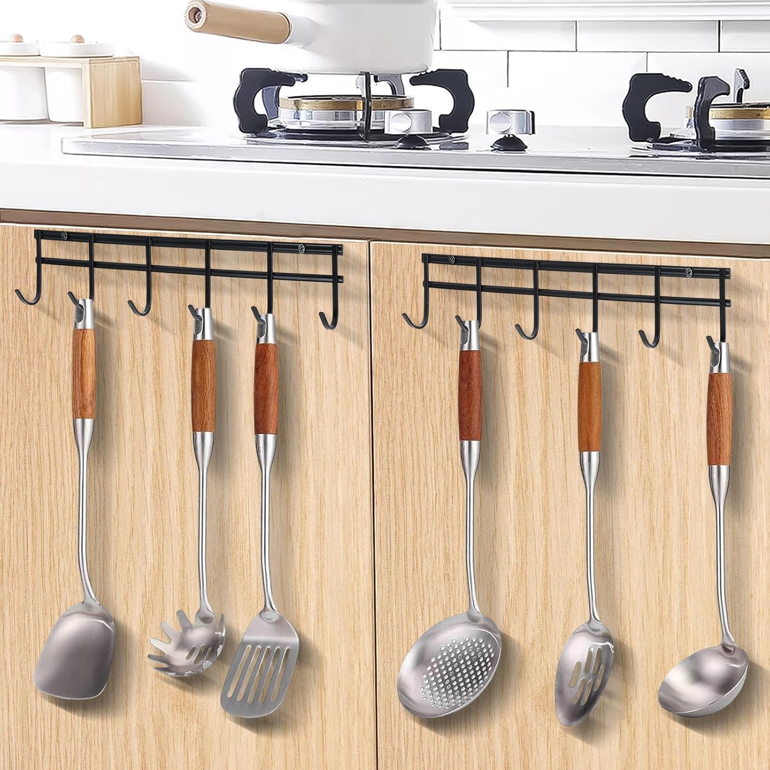 6 Hooks / Kitchen Wall Hooks / Bamboo + Screws / Set of 2