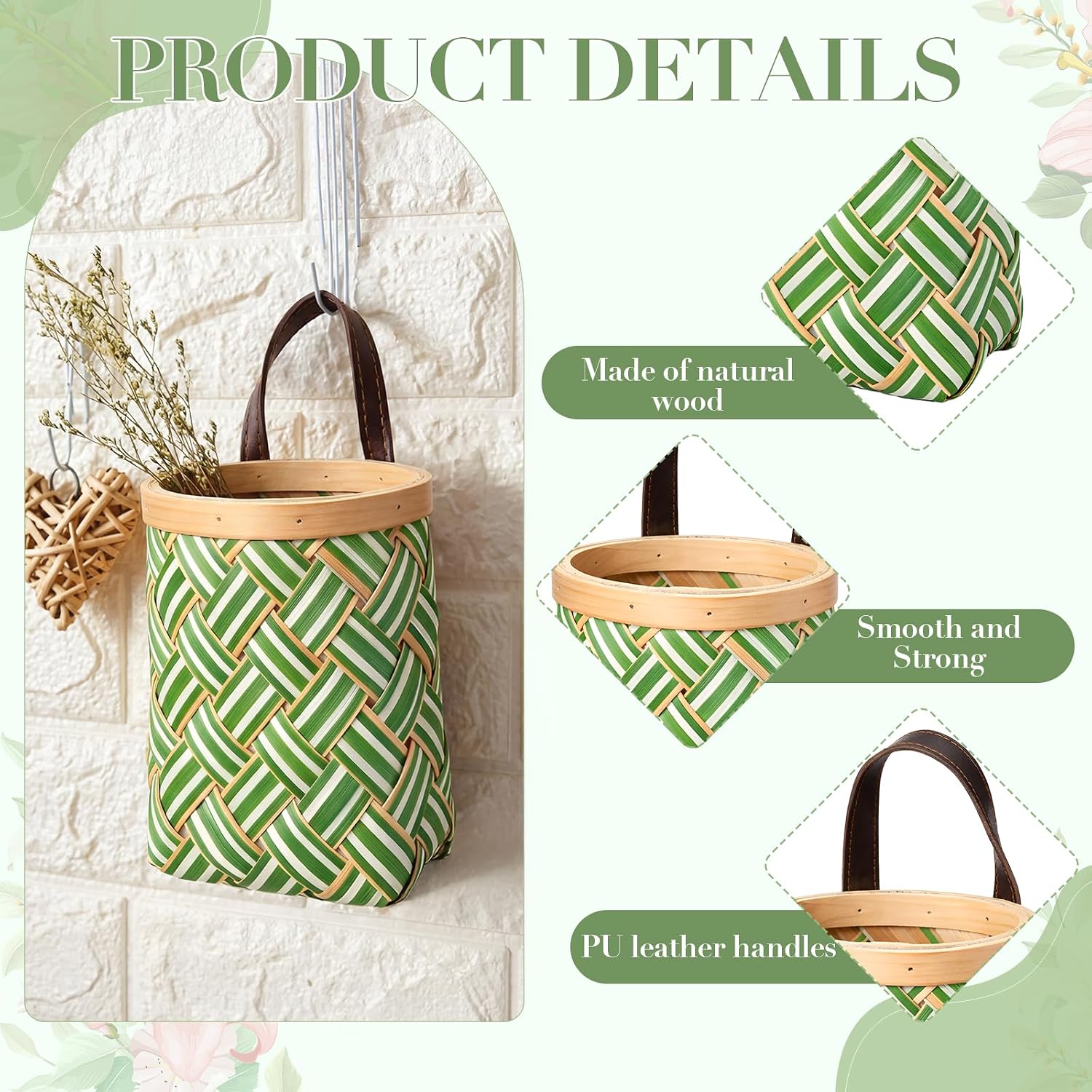 Small Wall Hanging Basket Woven Wood Storage Basket Hanging Rope / Sage Green / 6 Inch / Set of 3