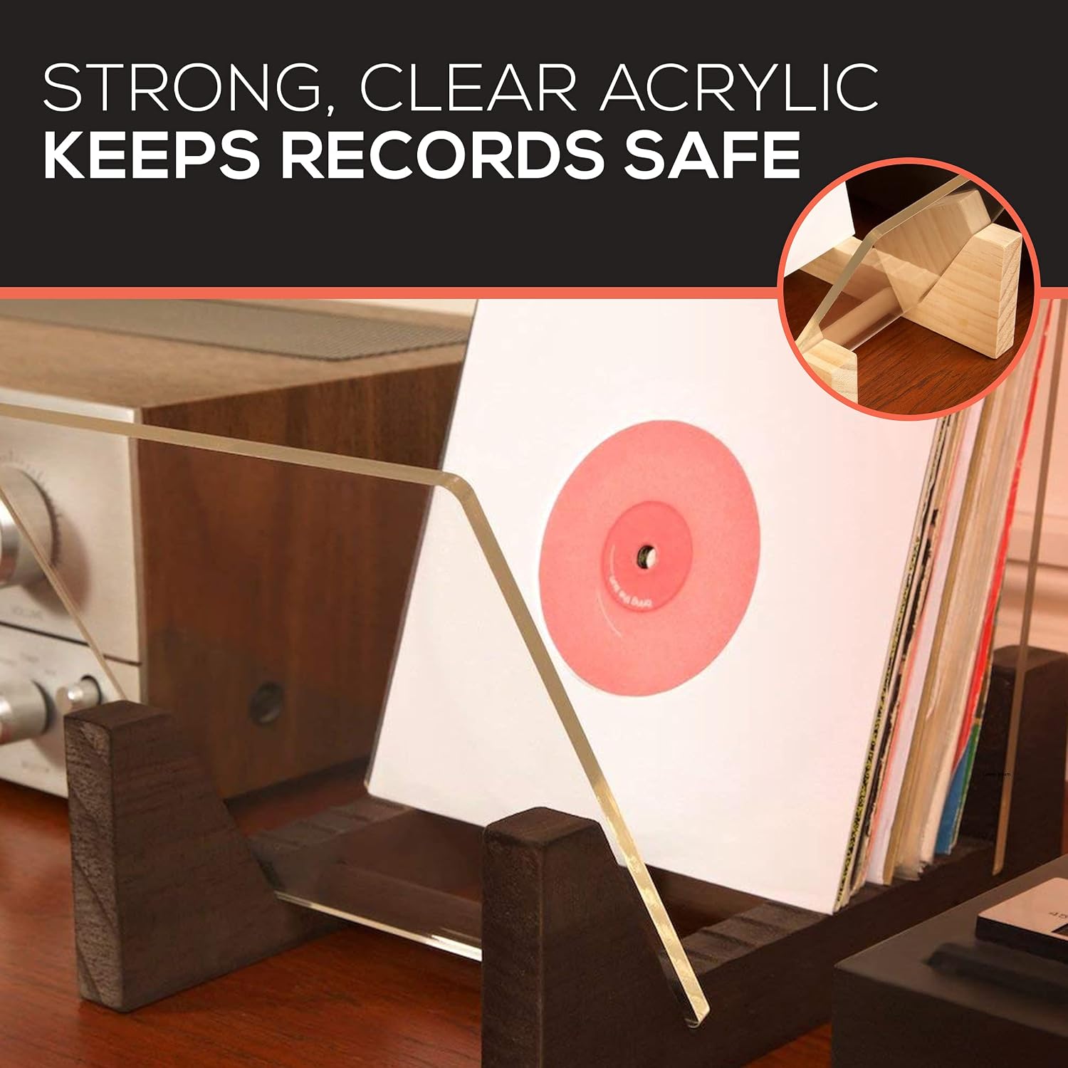Vinyl Record Storage Holder - Stacks up to 30 Albums, 7 or 12 inch - Solid Wood Stand with Clear Acrylic Ends - Display