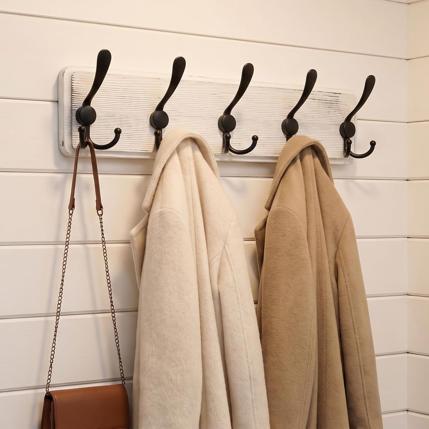 WEBI Coat Rack Wall Mount,Wood Coat Hooks Wall Mounted Coat Hanger,16" Hole to Hole,Wall Hook Rack Rail,5 Triple Hooks