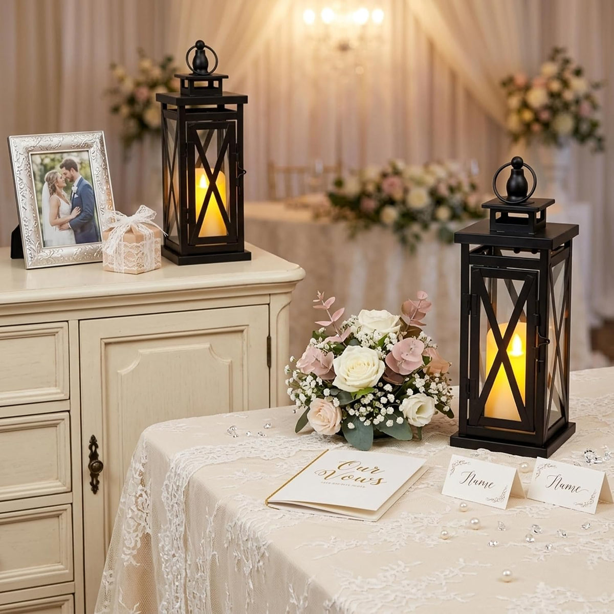 TRIROCKS Set of 2 Deacorative Candle Lantern 11'' High Metal Candle Holder Hanging Lanterns with Tempered Glass Perfect