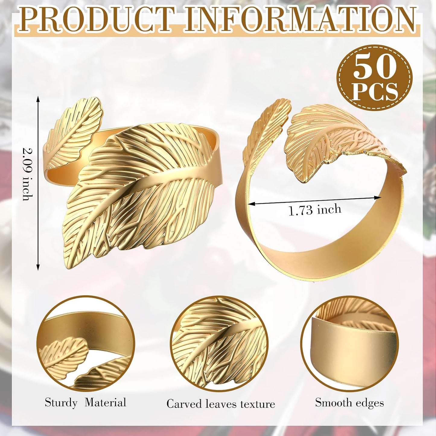 50 Pcs Gold Napkin Rings Metal Napkin Holders Bulk, Willow Leaves