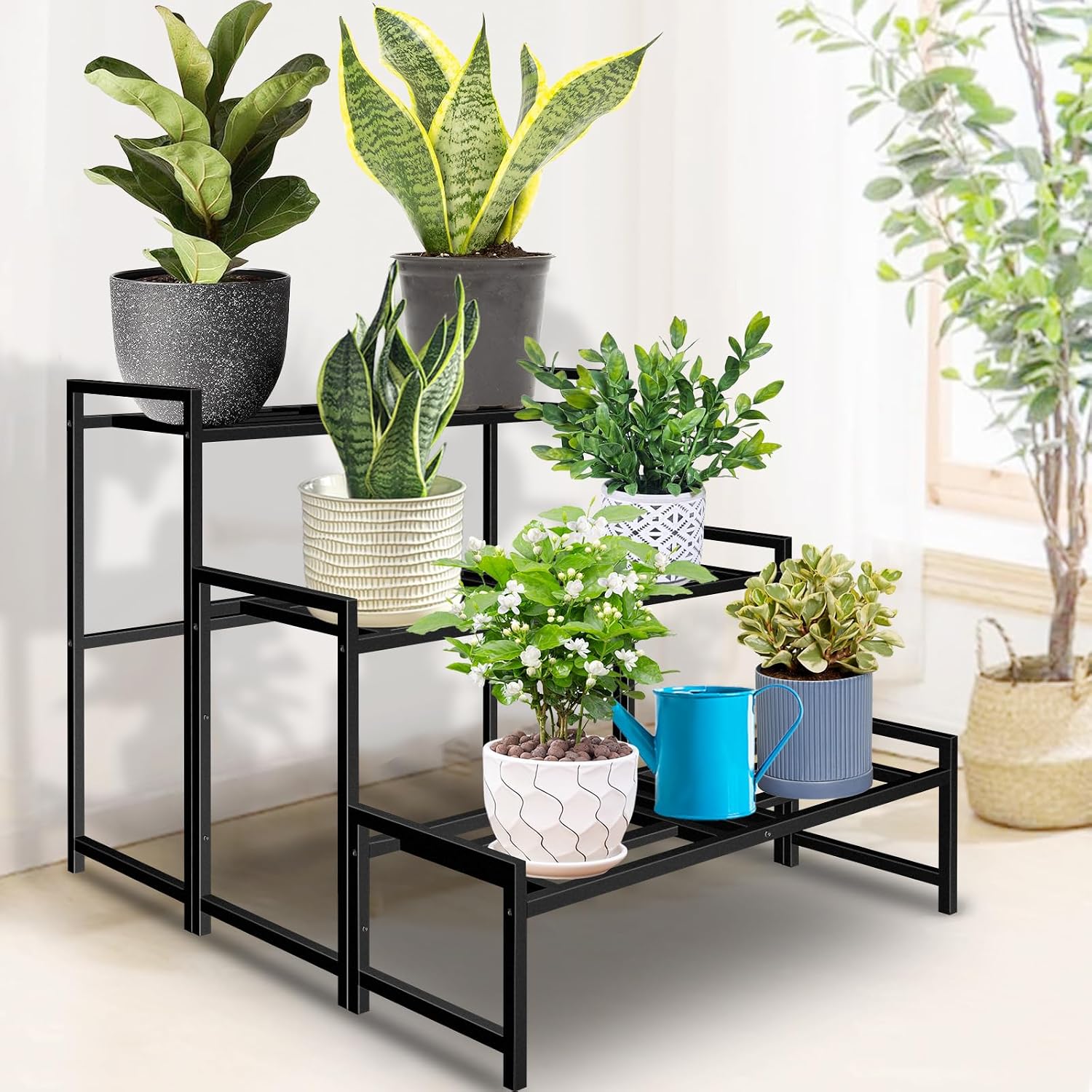 Plant Stand Indoor Outdoor, 3-Tier Stackable Wrought Iron Plant Stands | Metal Plant Shelf Decorative Outdoor Flower