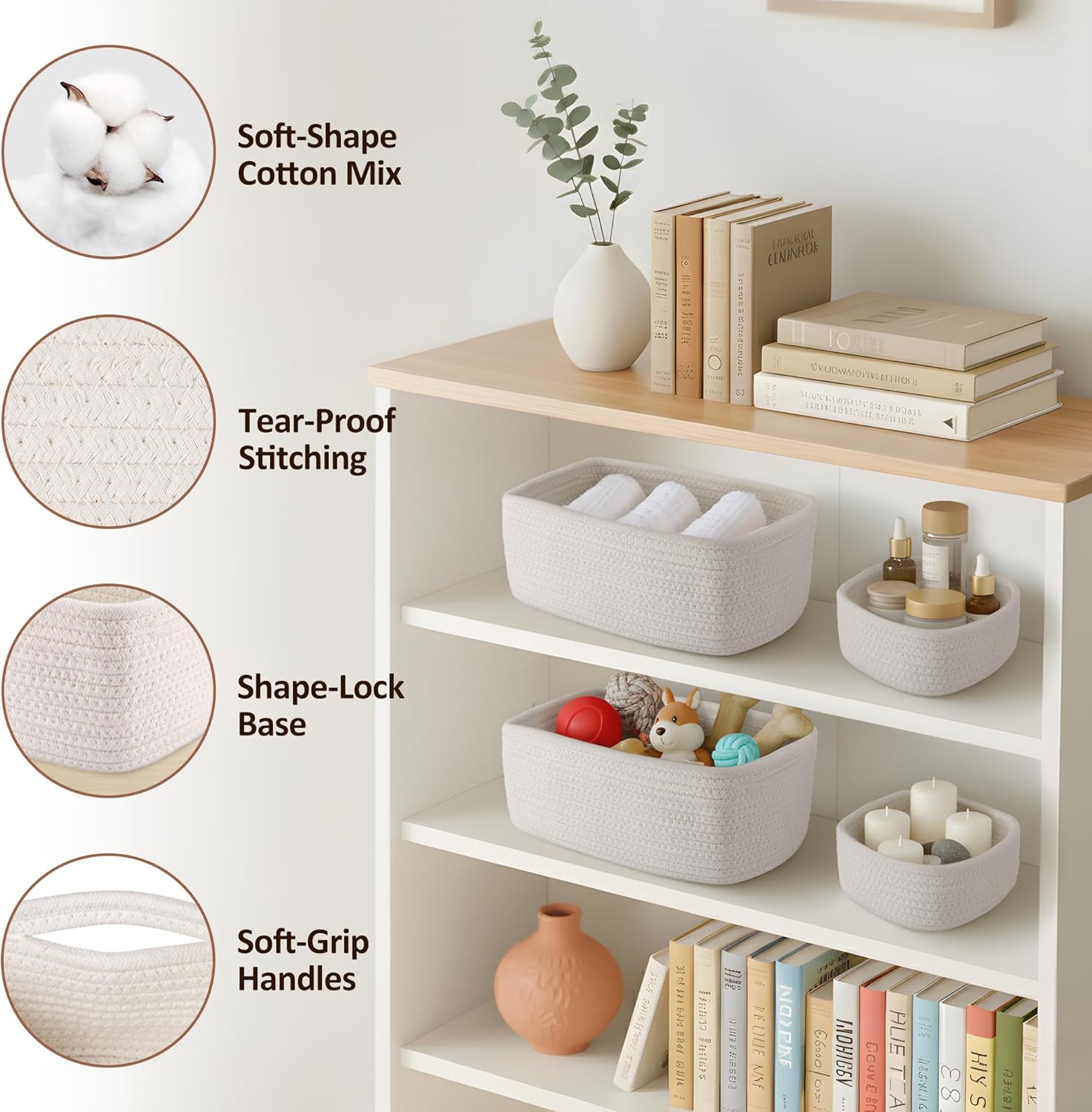 Small Woven Rope Storage Baskets / White / 11.81*7.48*4.72'' & 5.91*5.91*2.56 / Set of 5