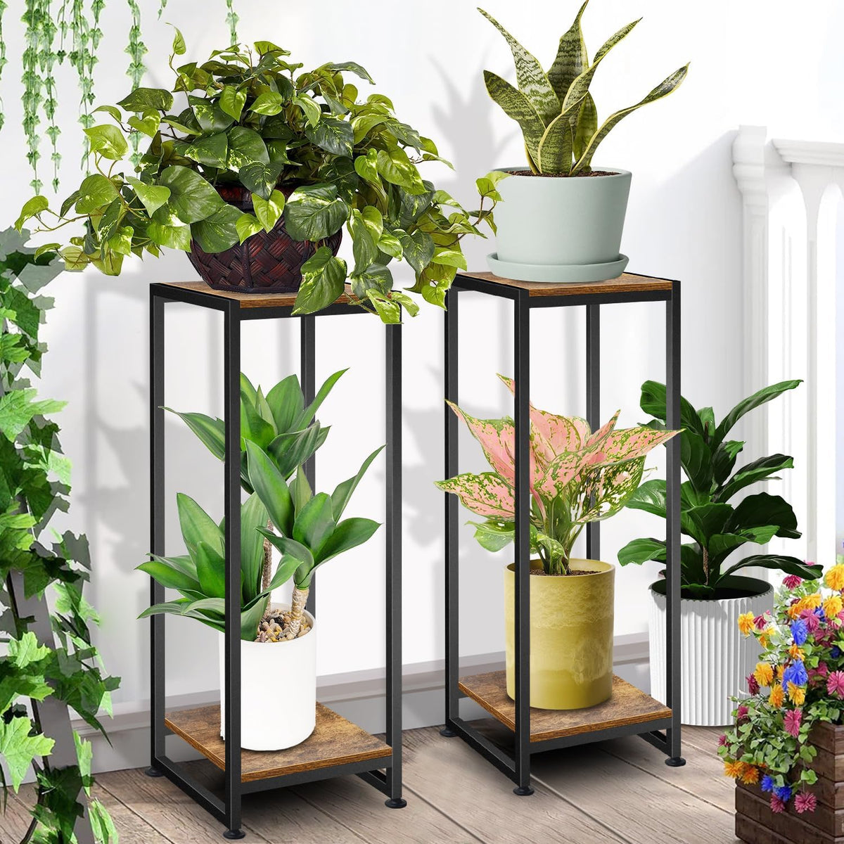 2-Pcak Plant Stand Indoor, 31.5'' Tall Wood Plant Stands Heavy Duty | Pedestal Stand for Indoor Outdoor, Modern Corner