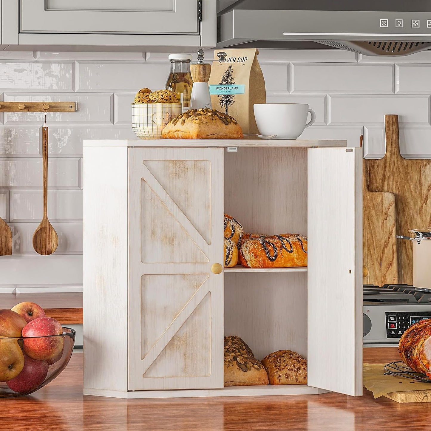 Trironsun Corner Bread Box for Kitchen Counter Double Layer Bamboo Bread Storage Container Large Capacity Bread Storage