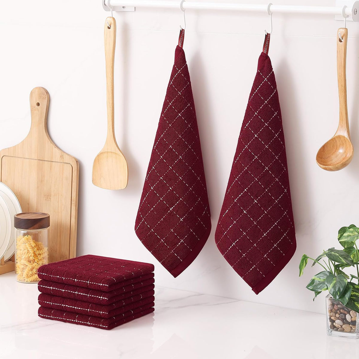 Homaxy 100% Cotton Terry Kitchen Dish Cloths, 12 Pack, Burgundy | Ultra Soft and Absorbent Dish Towels for Kitchen