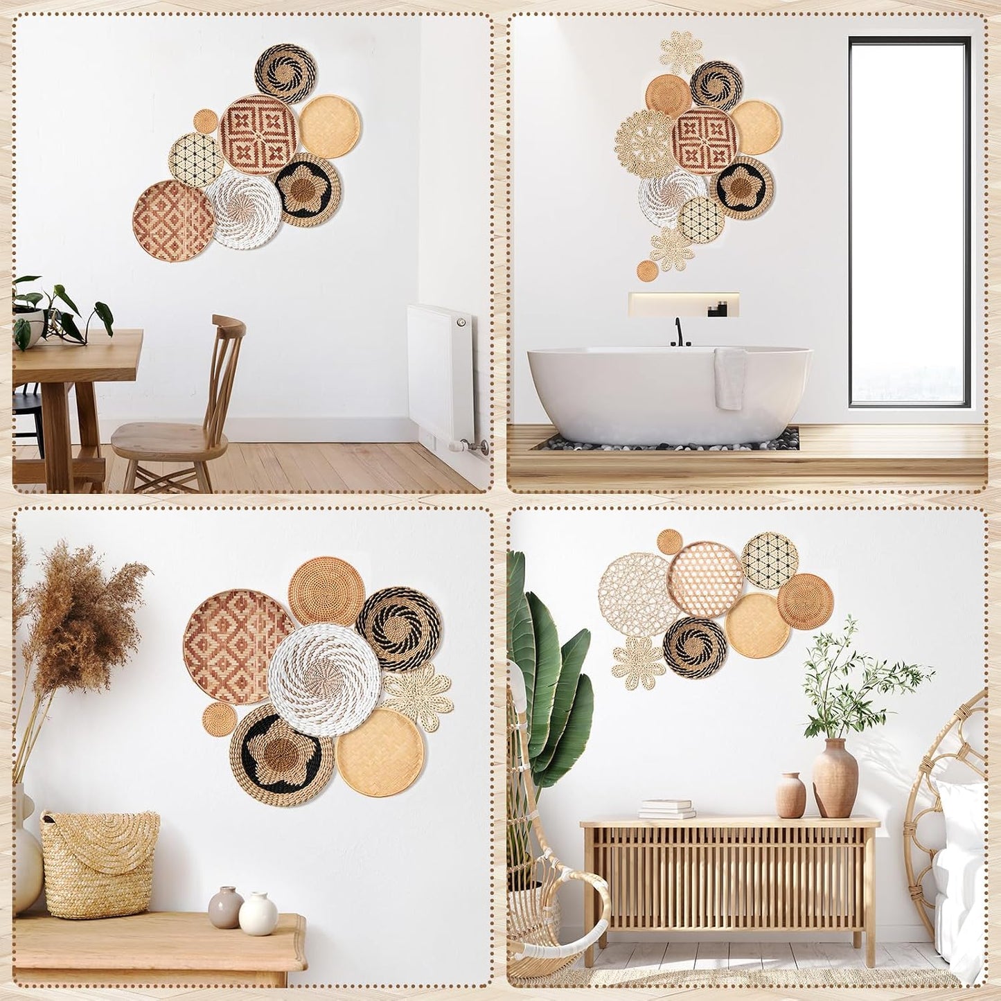 Wall Basket Decor Boho Wicker Handmade Farmhouse Rustic Wall Decoration Woven Hanging / Set of 15