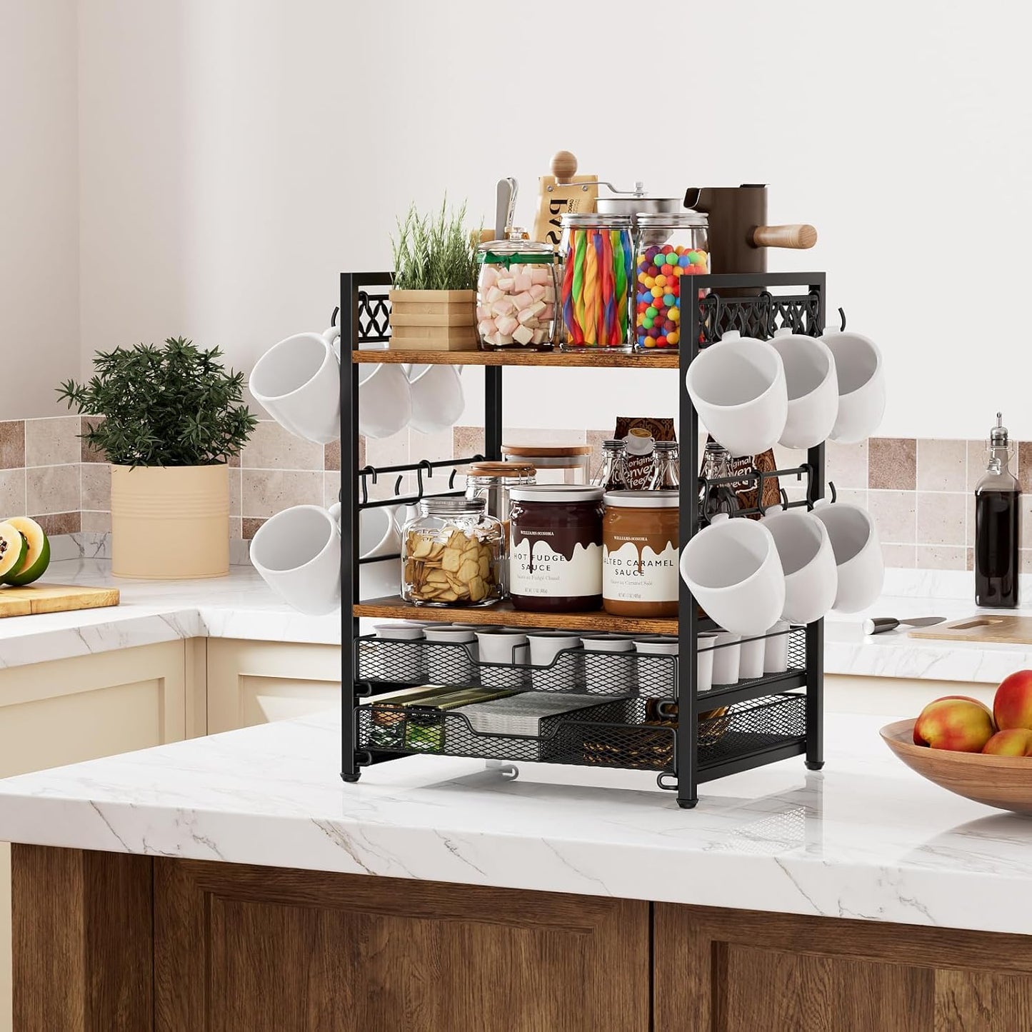 Plaviya Coffee Bar Organizer Coffee Station K Cup Holder for Countertop | 30 Coffee Pods Organizer, Mug Holder with 12