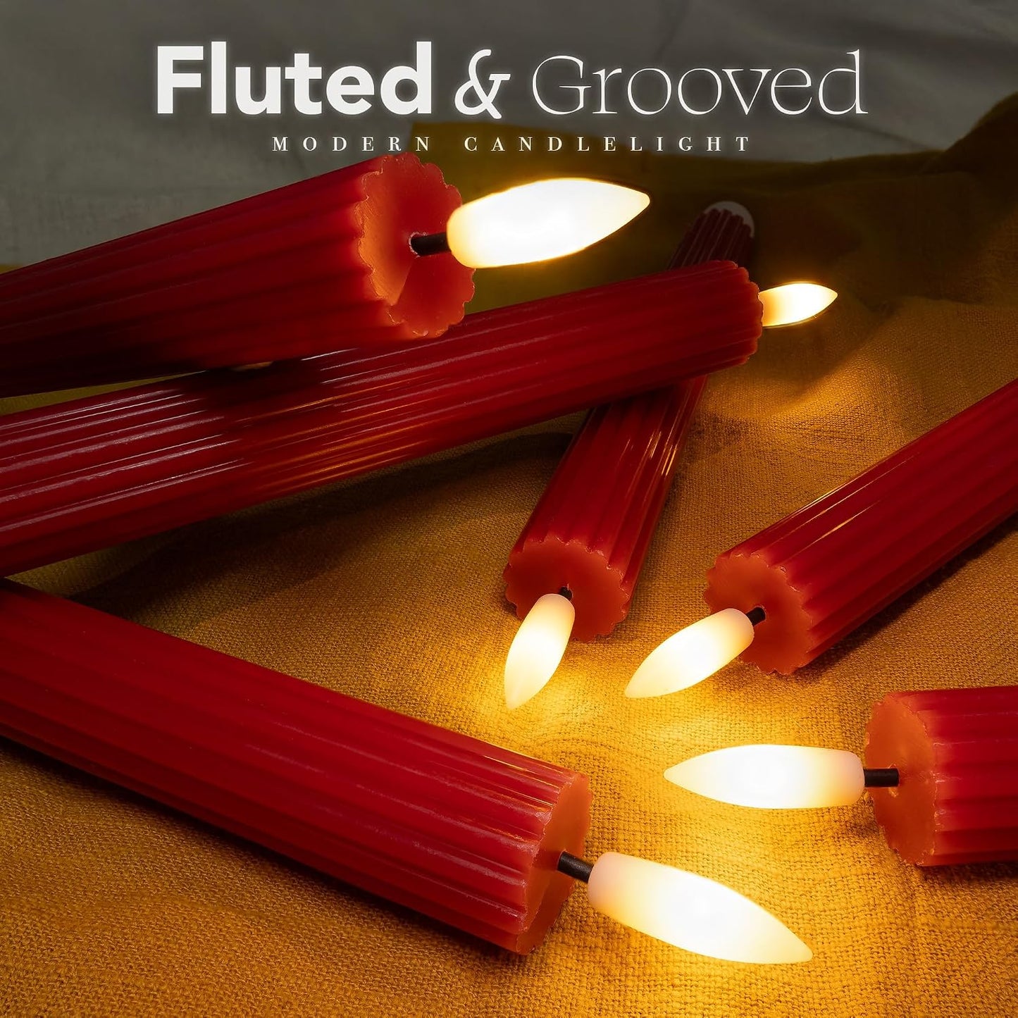 10" Fluted Ribbed LED Red Grooved Pillar Candles, Remote & 24h Timer Memory, On/Off Switch - Flameless Dimmable Battery