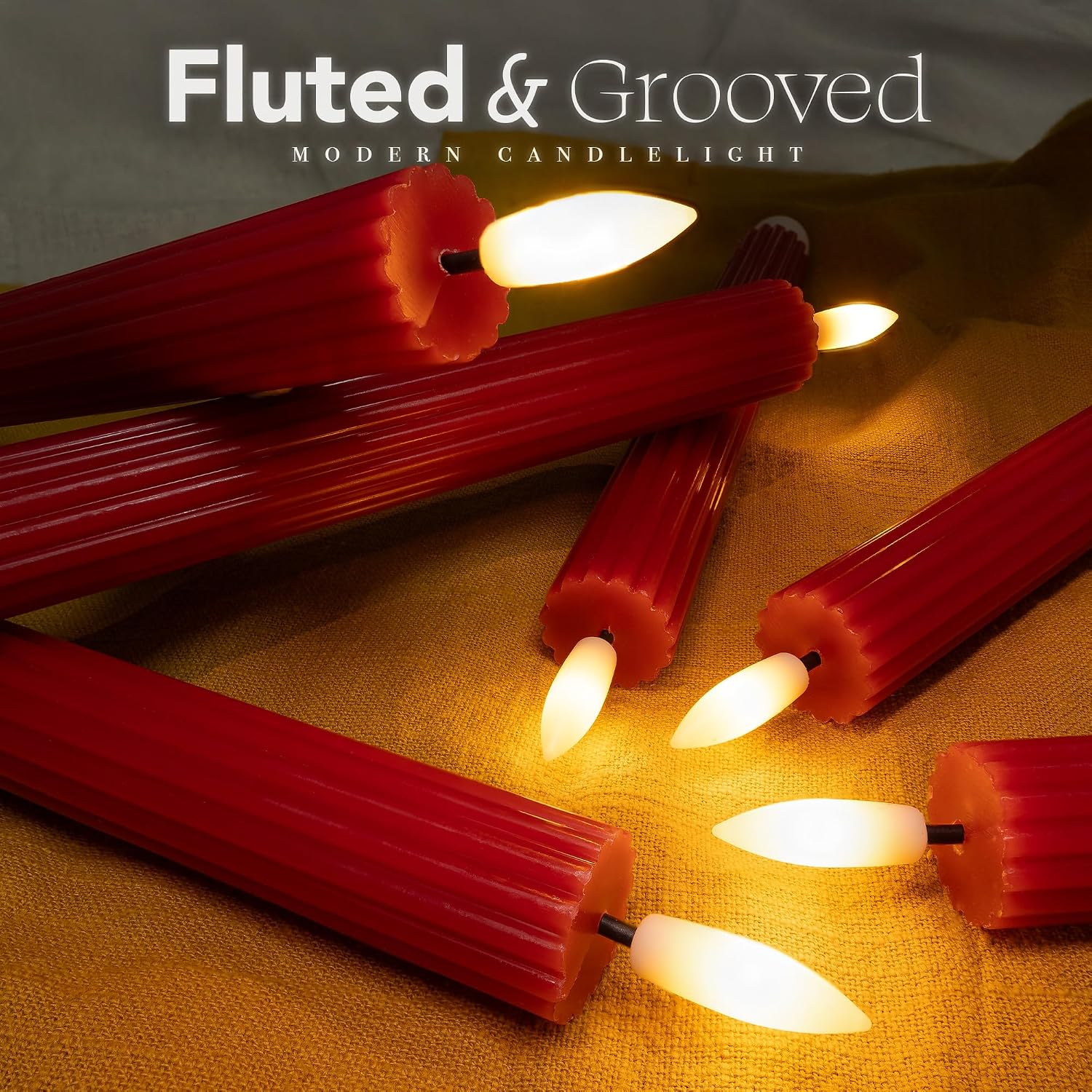 10" Fluted Ribbed LED Red Grooved Pillar Candles, Remote & 24h Timer Memory, On/Off Switch - Flameless Dimmable Battery