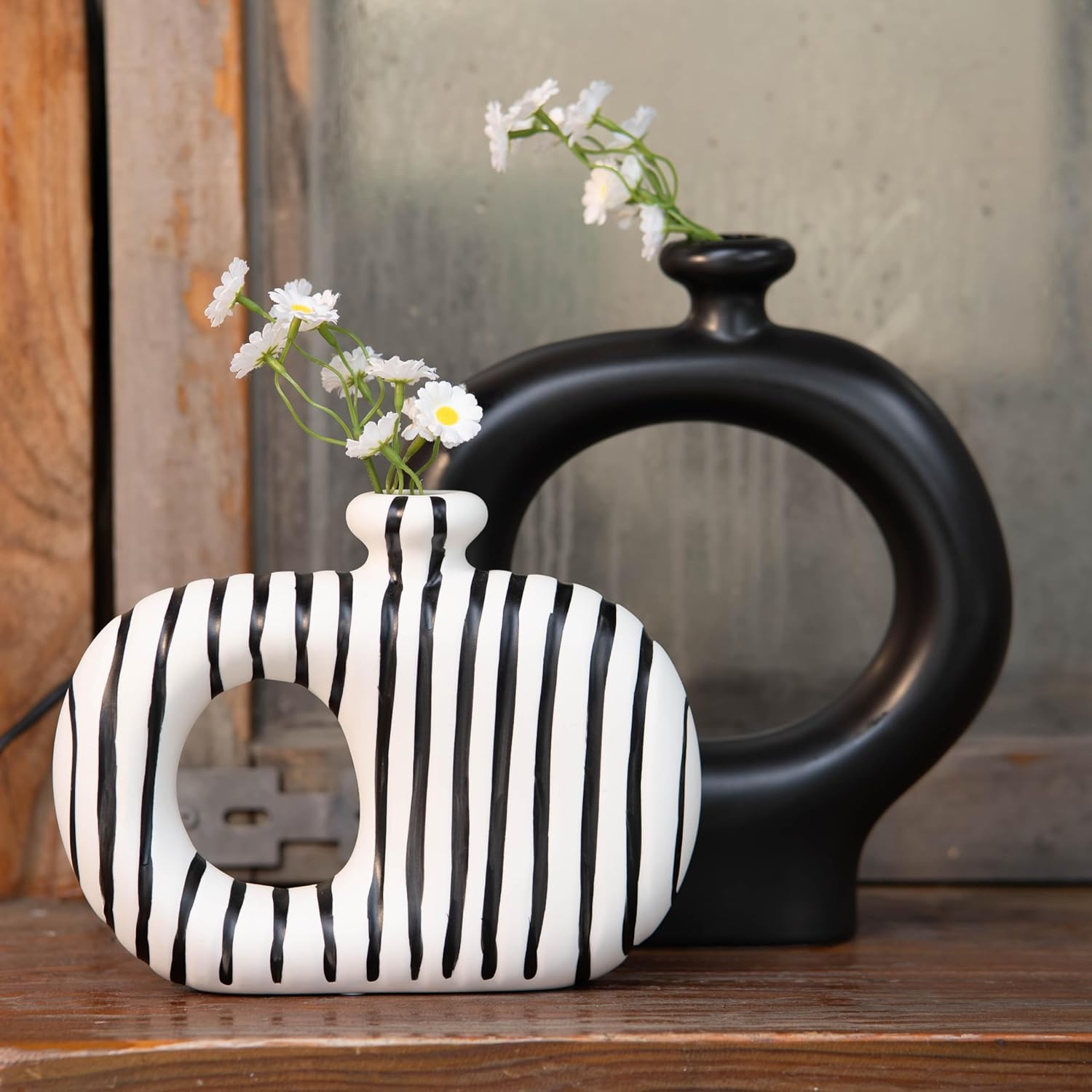 & White Striped Hollow Ceramic Flower Vases / Black / Set of 2
