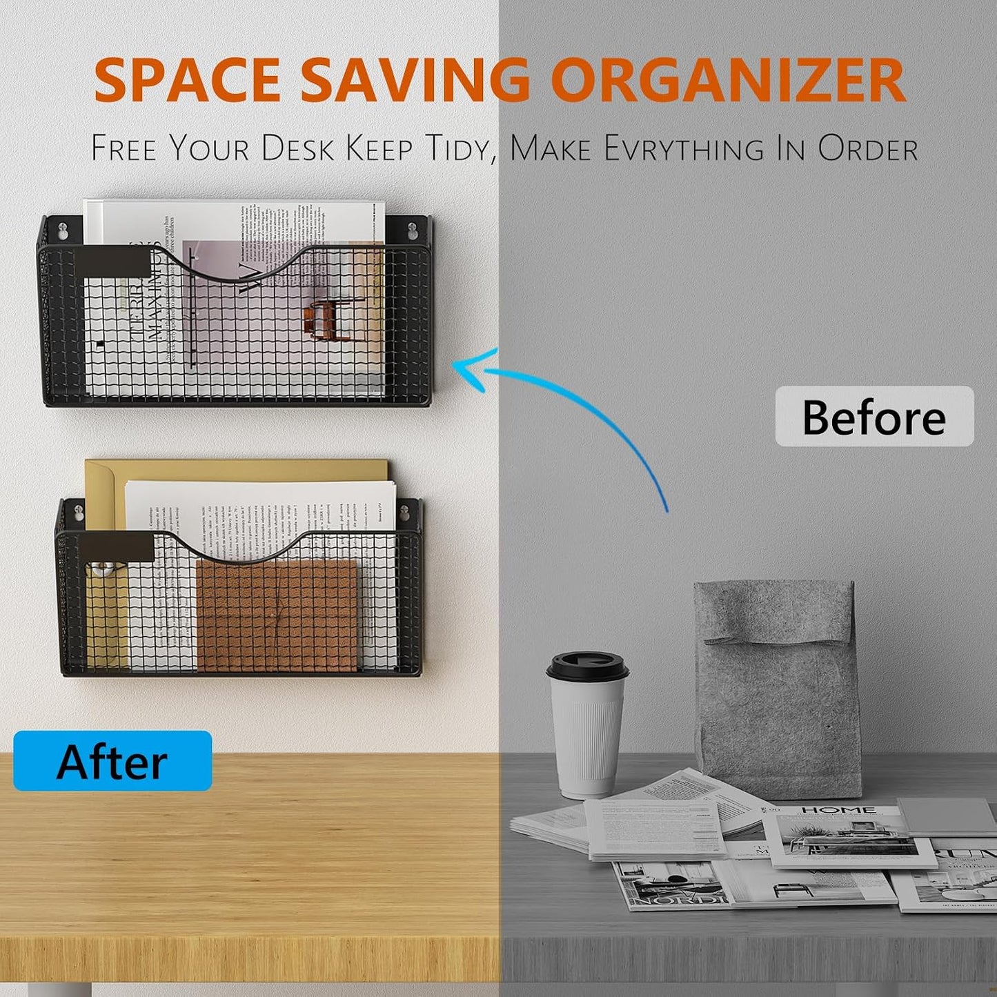 MFTEK Magnetic File Holder, 2 Pockets Magnetic File Folder Holder No Drilling Magnet Paper Mail Organizer Magazine