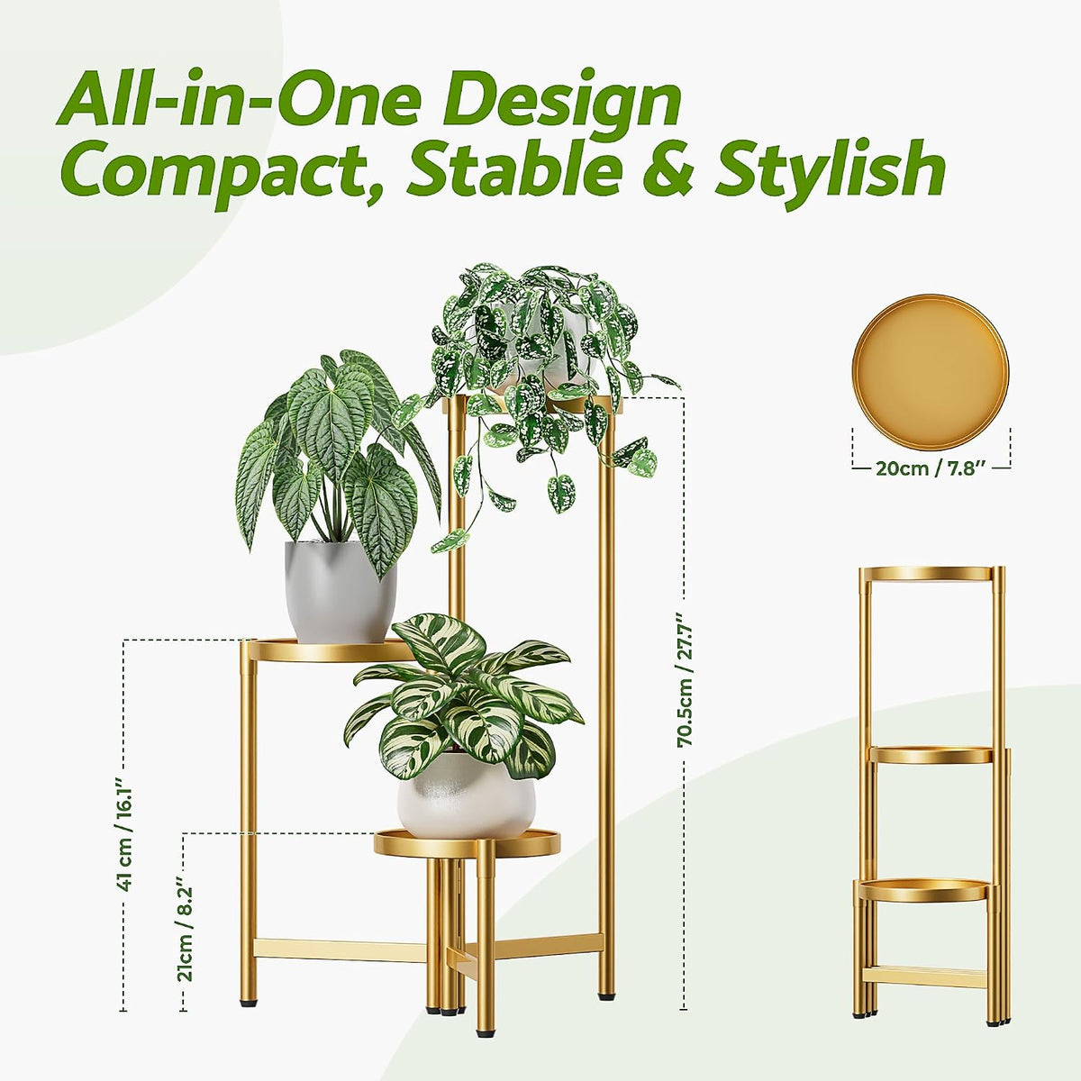 3 Tiered Plant Stand Indoor for Multiple Large Planter, Tall Heavy Duty Adjustable Folding Rack with Rustproof 7.9 Inch
