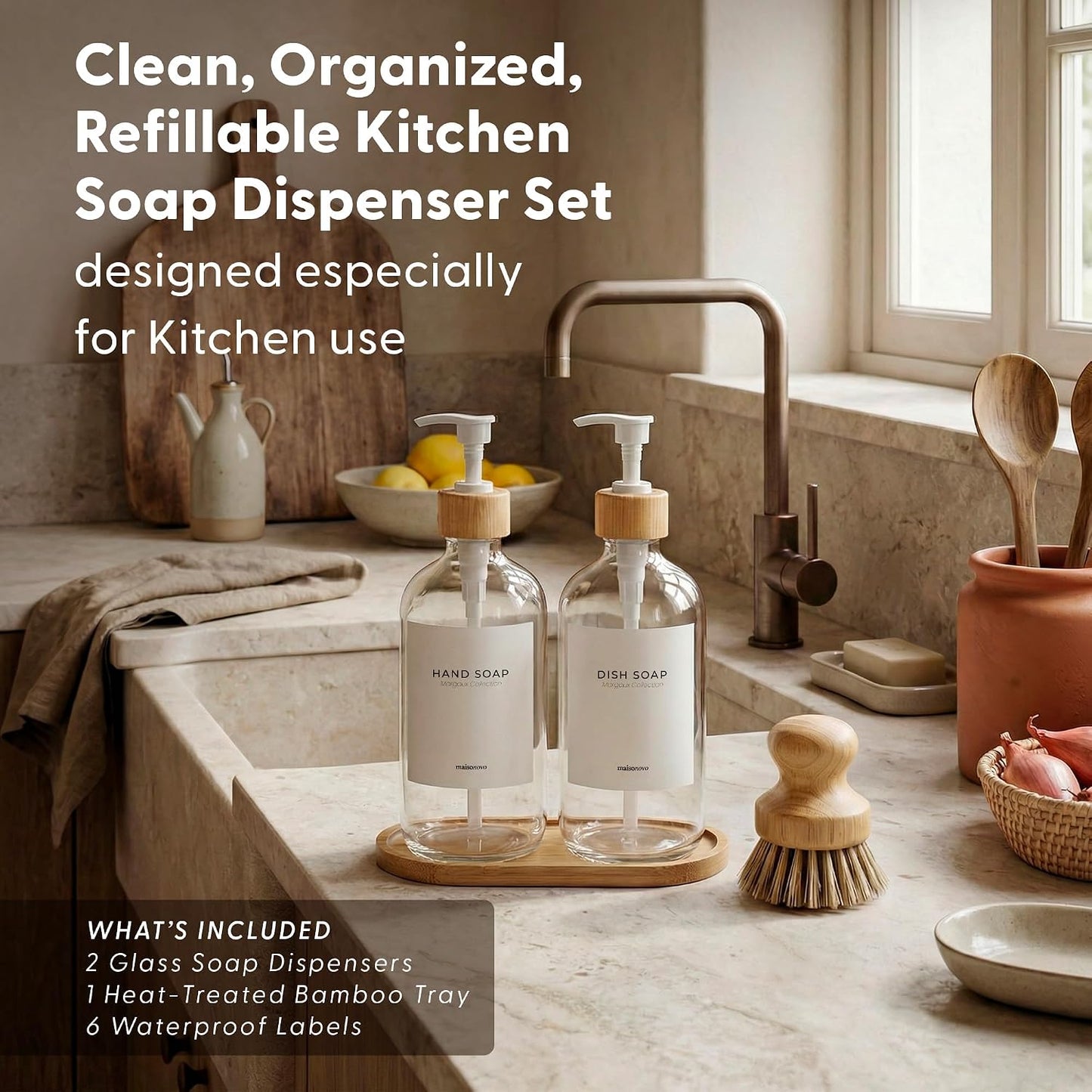 Maisonovo Dish Soap Dispenser Set - Clear Soap Dispenser White Bamboo Pumps | Glass bottles for body wash, lotion