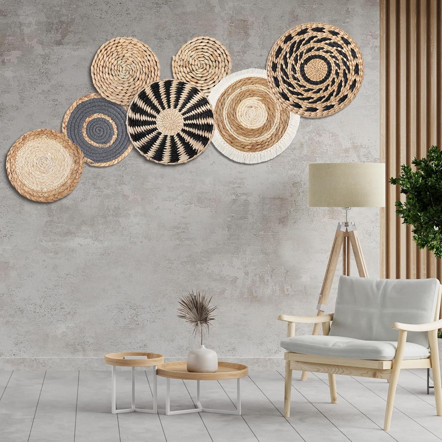 Boho Wall Basket Decor Hanging Handcrafted Seagrass Woven Round Bohemian Basket / Classic / Set of 7