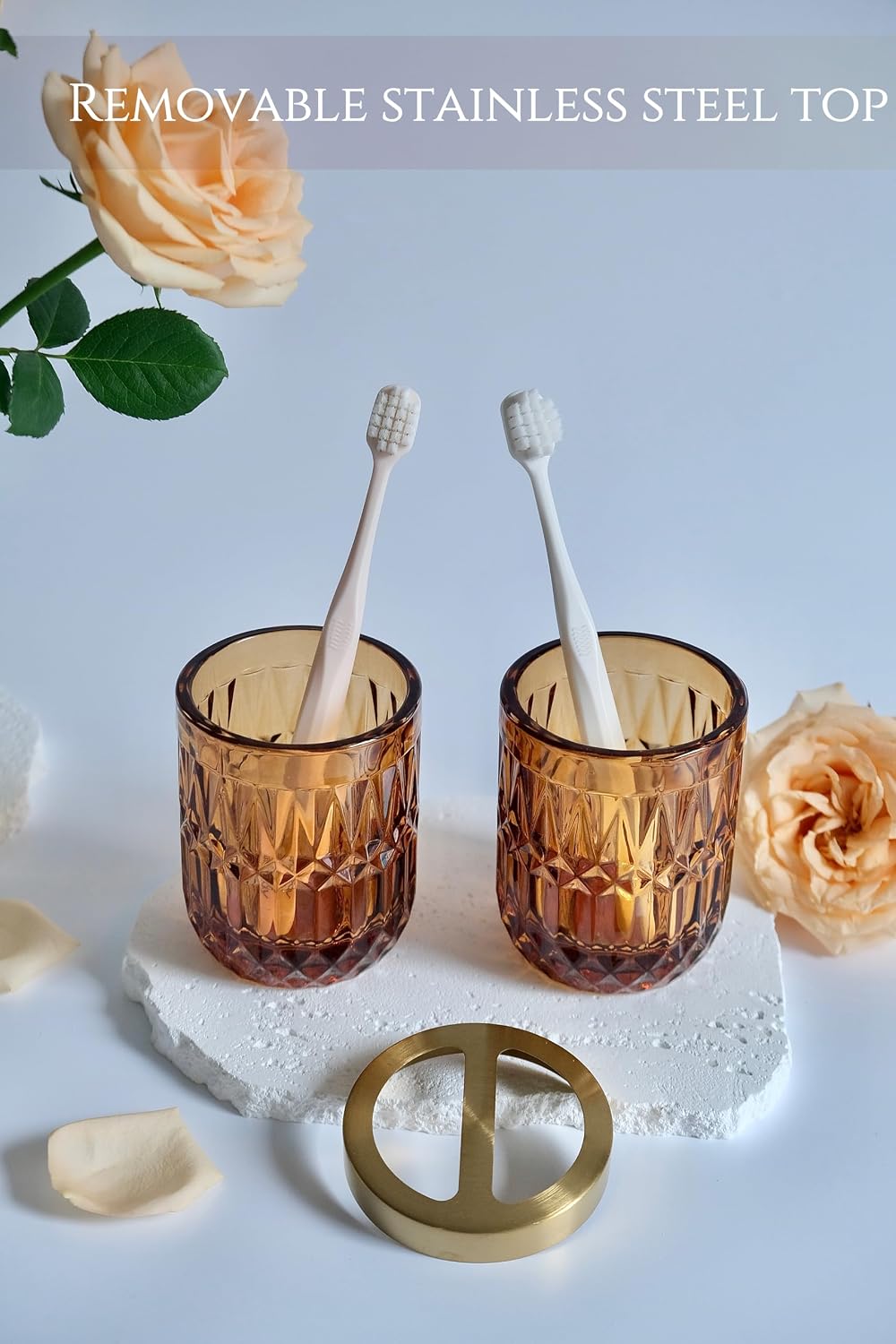 LaMarriti Amber Bathroom Accessories Set, 5Pcs Clear Glass Bathroom Set | Toothbrush Holder Set, Soap Dispenser, Soap