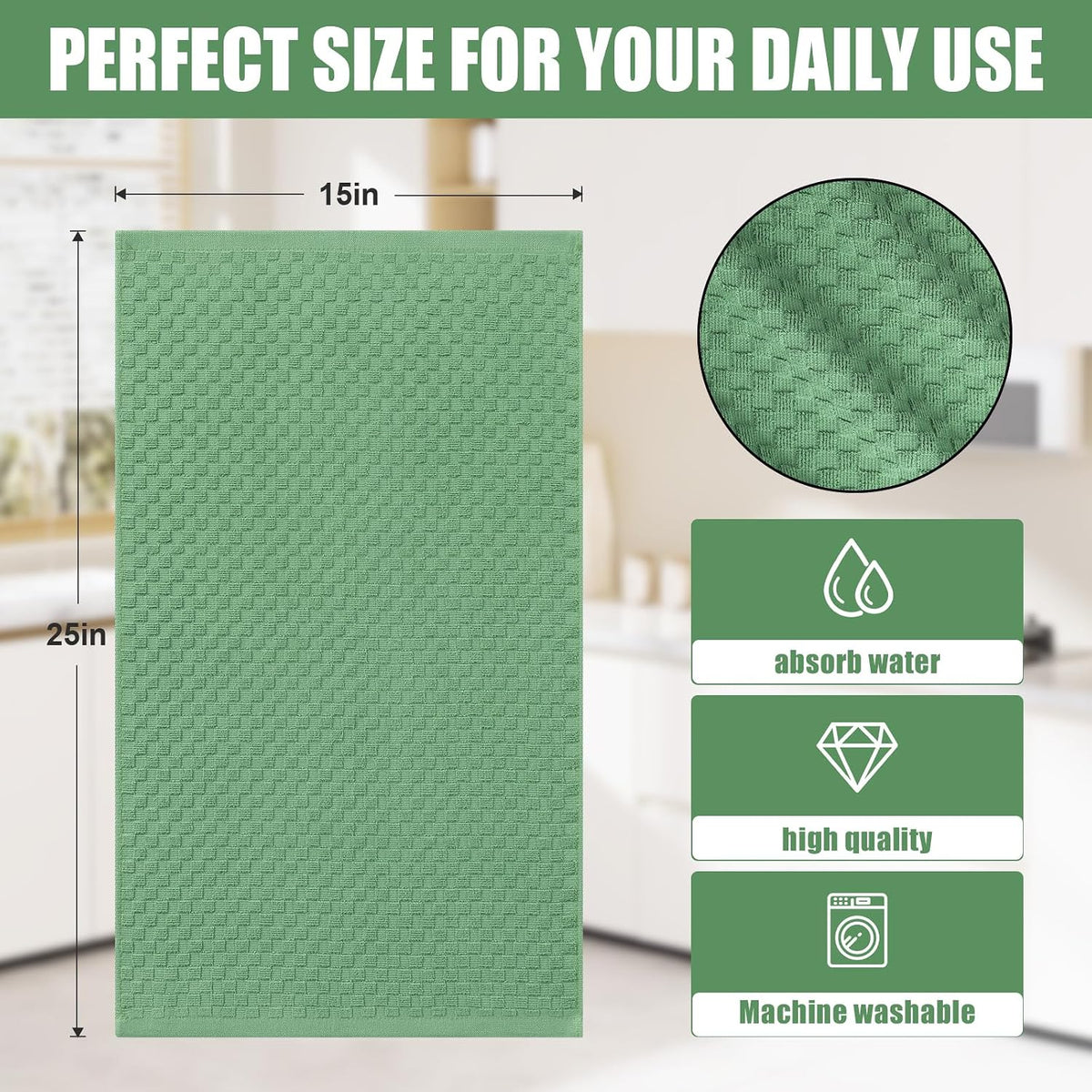 Homaxy 100% Cotton Terry Kitchen Towels(15" x 25", 12 Pack), Grass Green | Soft and Super Absorbent Dish Towels, 380
