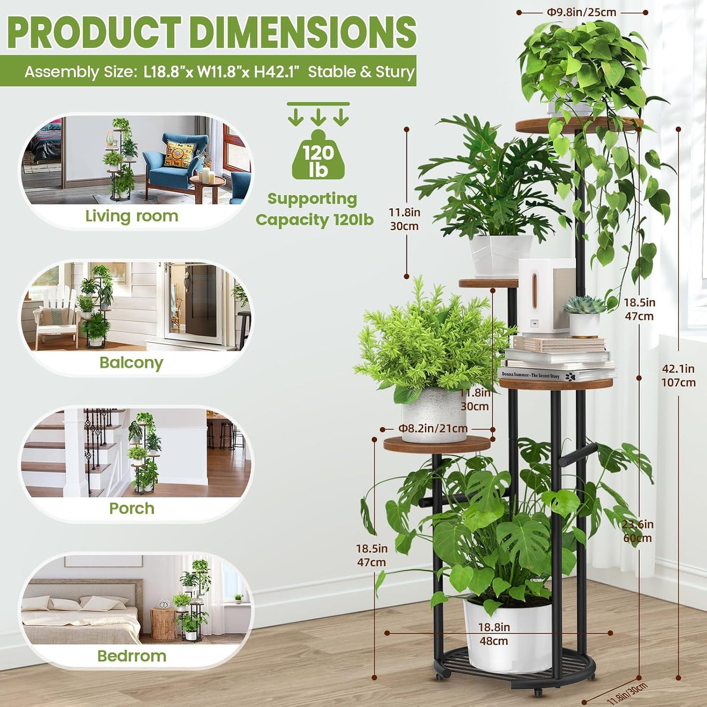 TOSKING 5-Tier Round Wood Corner Plant Stand Indoor, Anti-Tip, Brown&Black | 42-Inch Height, Space-Saving Design