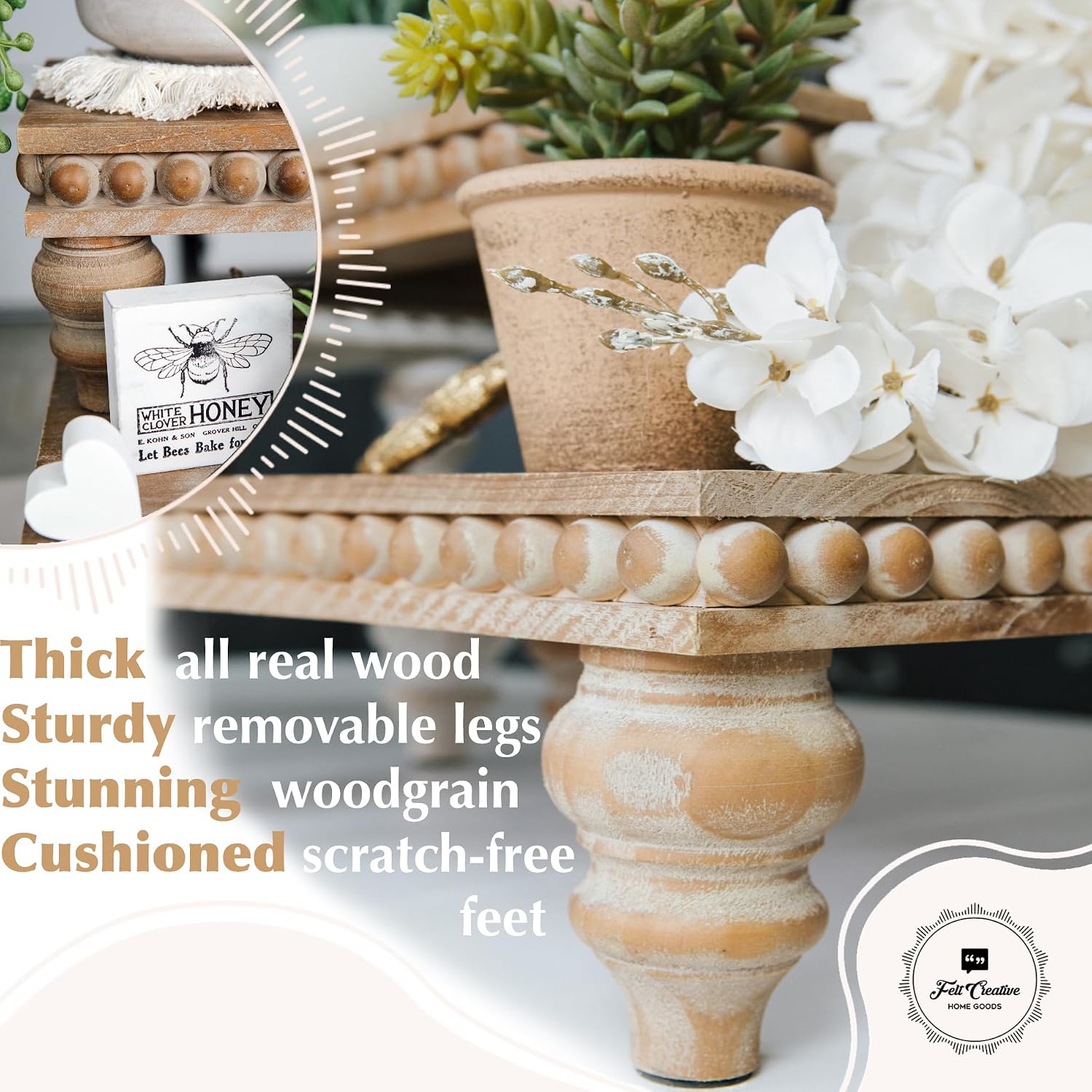 Wooden Riser [Set of 3] Premium Farmhouse Risers | Beaded Wood Risers for Display | Handmade Wooden Risers for Decor