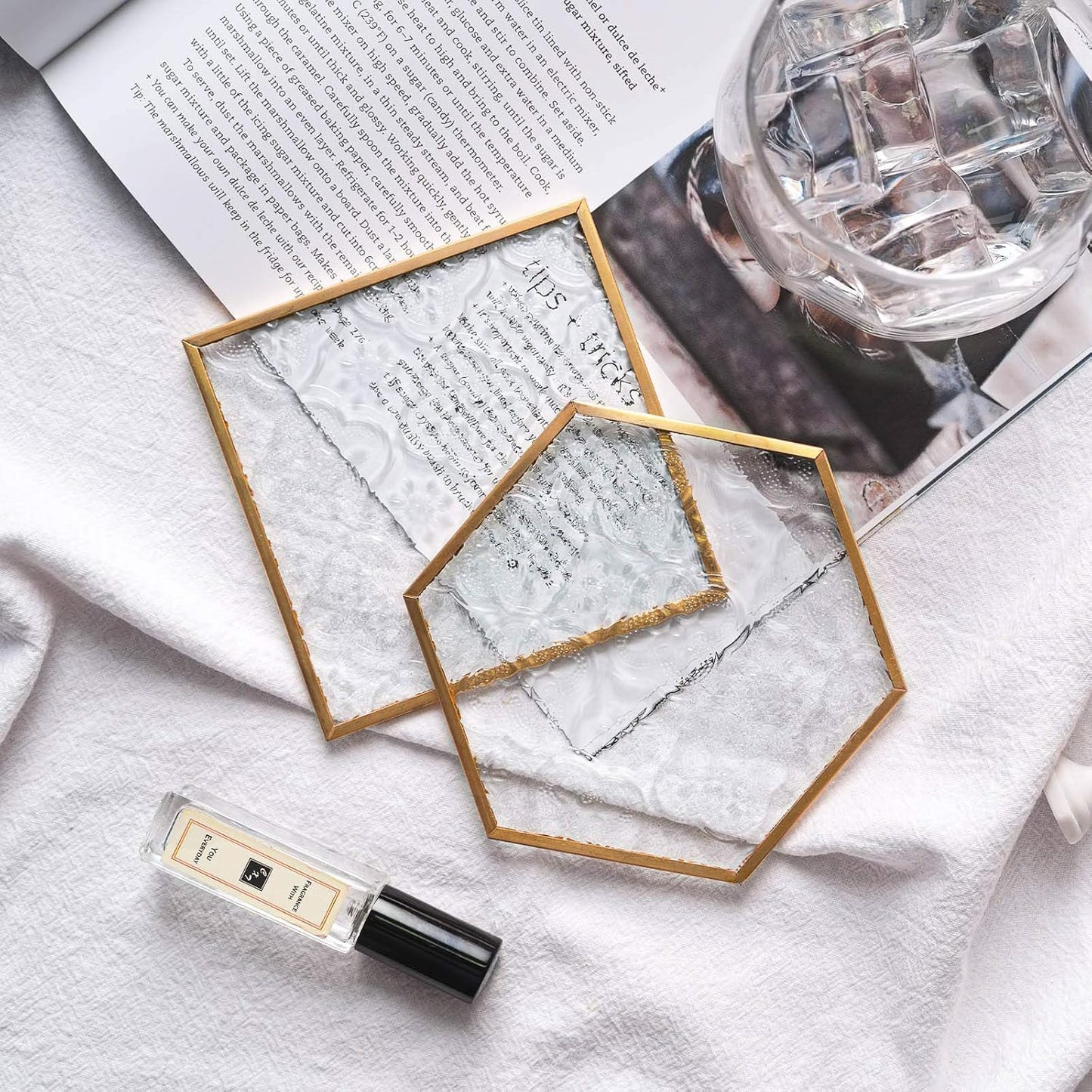 Glass Coasters for Drinks / Square and Hexagonal / Gold / Set of 6