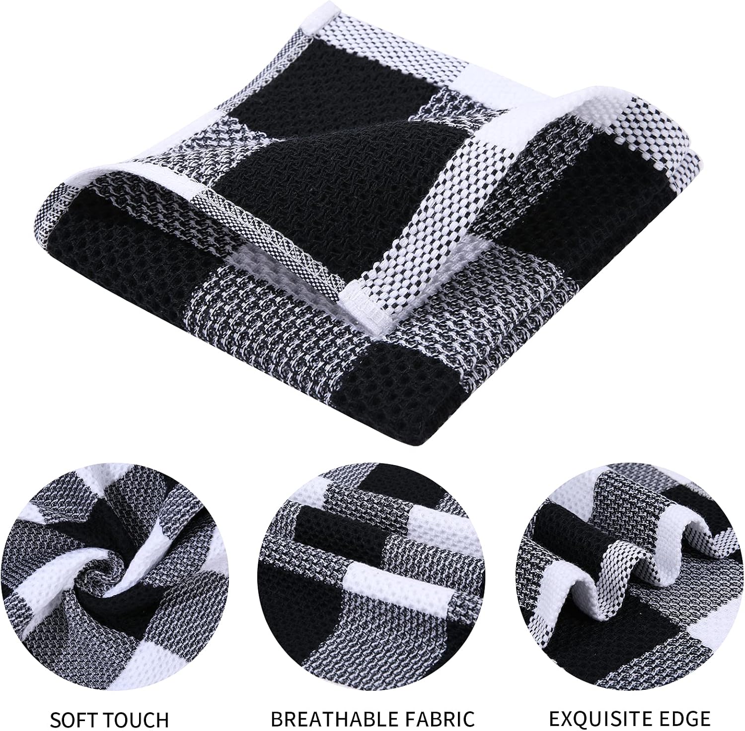 Mordimy Cotton Waffle Weave Dish Cloths, 12"x 12", 12 Pack, Black & White | Super Soft and Absorbent Quick Drying