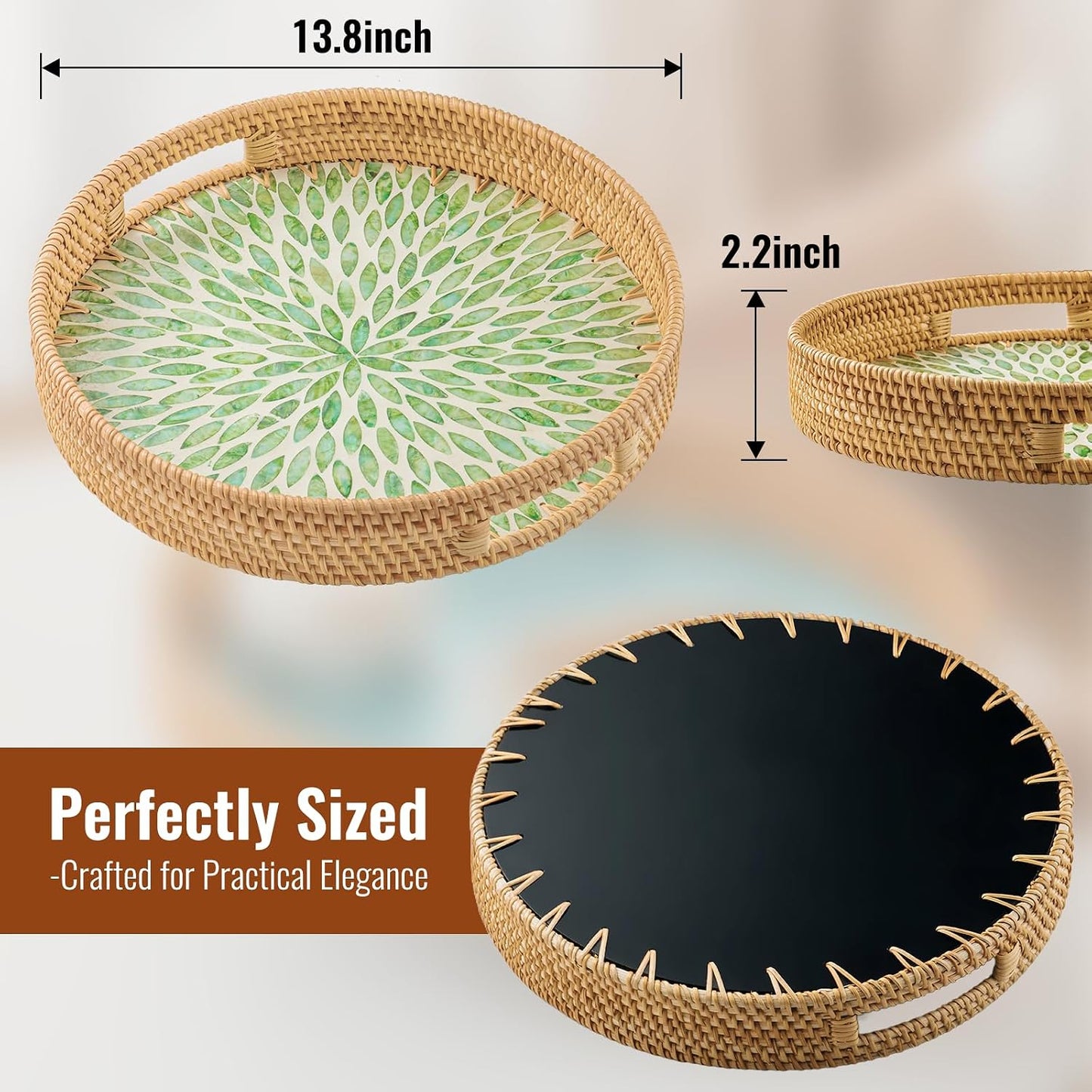 in Round Rattan Serving Tray / Green / 13.8 Inch