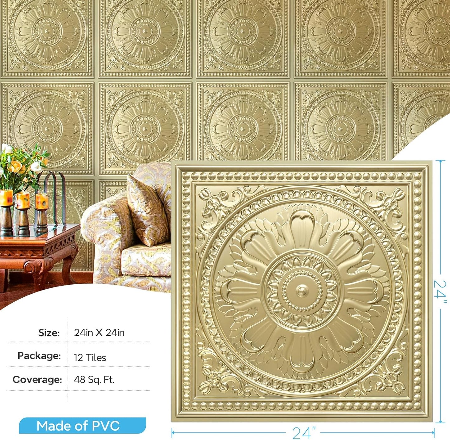 STICKGOO Drop Ceiling Tiles 24"x24", PVC Panels Waterproof Reusable, Covers 48 Sq.Ft., Baroque Decorative Ceiling Tiles