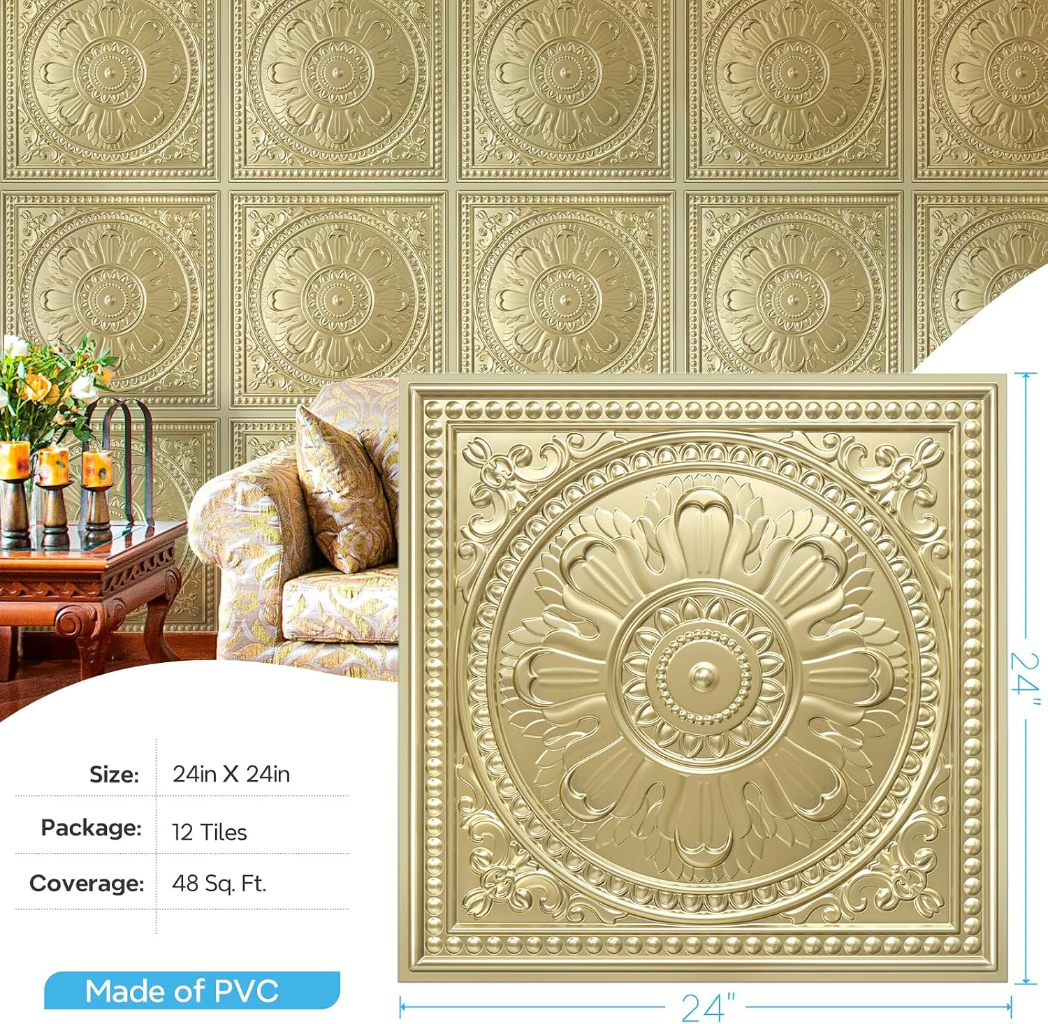 STICKGOO Drop Ceiling Tiles 24"x24", PVC Panels Waterproof Reusable, Covers 48 Sq.Ft., Baroque Decorative Ceiling Tiles