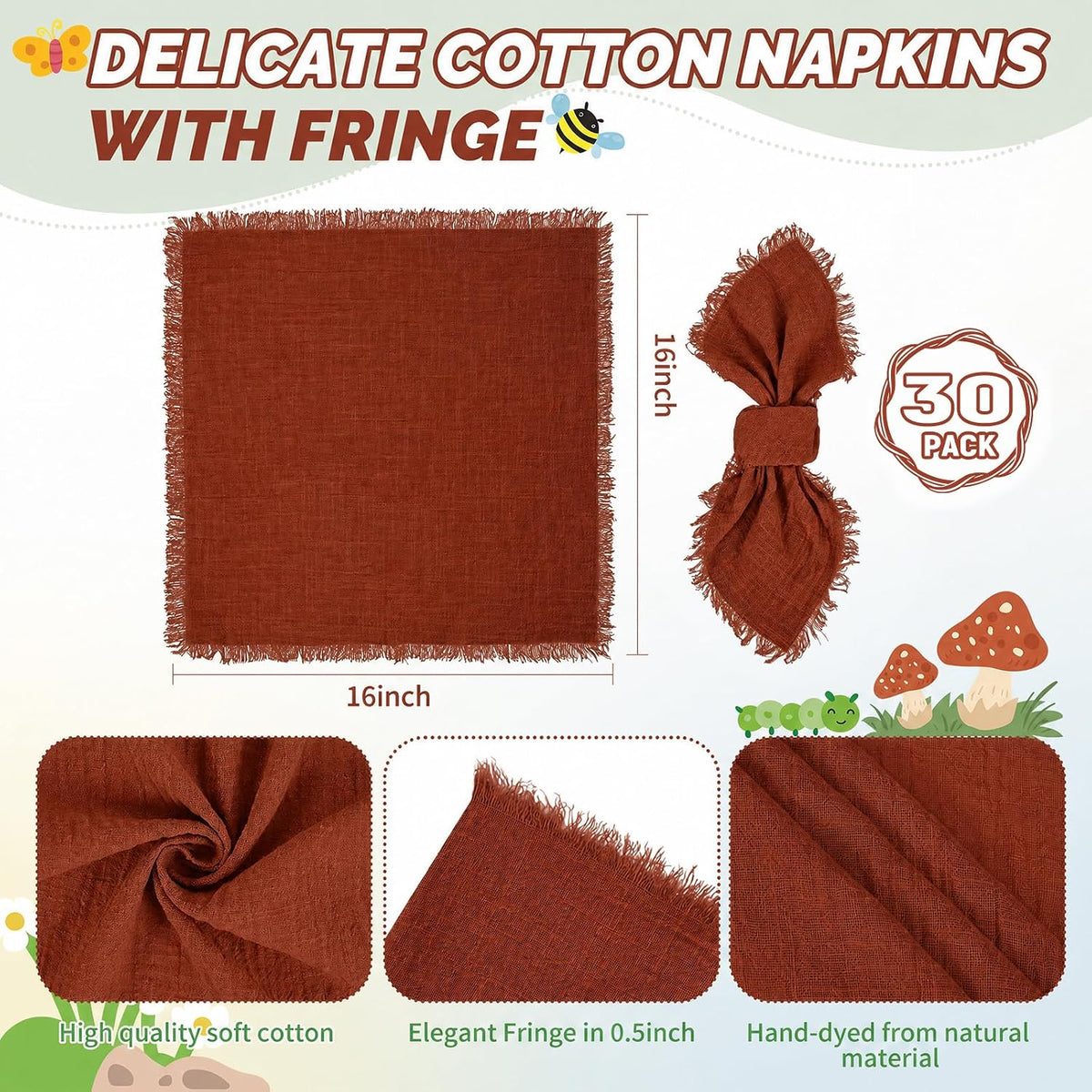 Showgeous 30 Pack Terracotta Cloth Napkins with Fringe, 16x16 inch | 100% Cotton Terracotta Napkins Handmade Dinner
