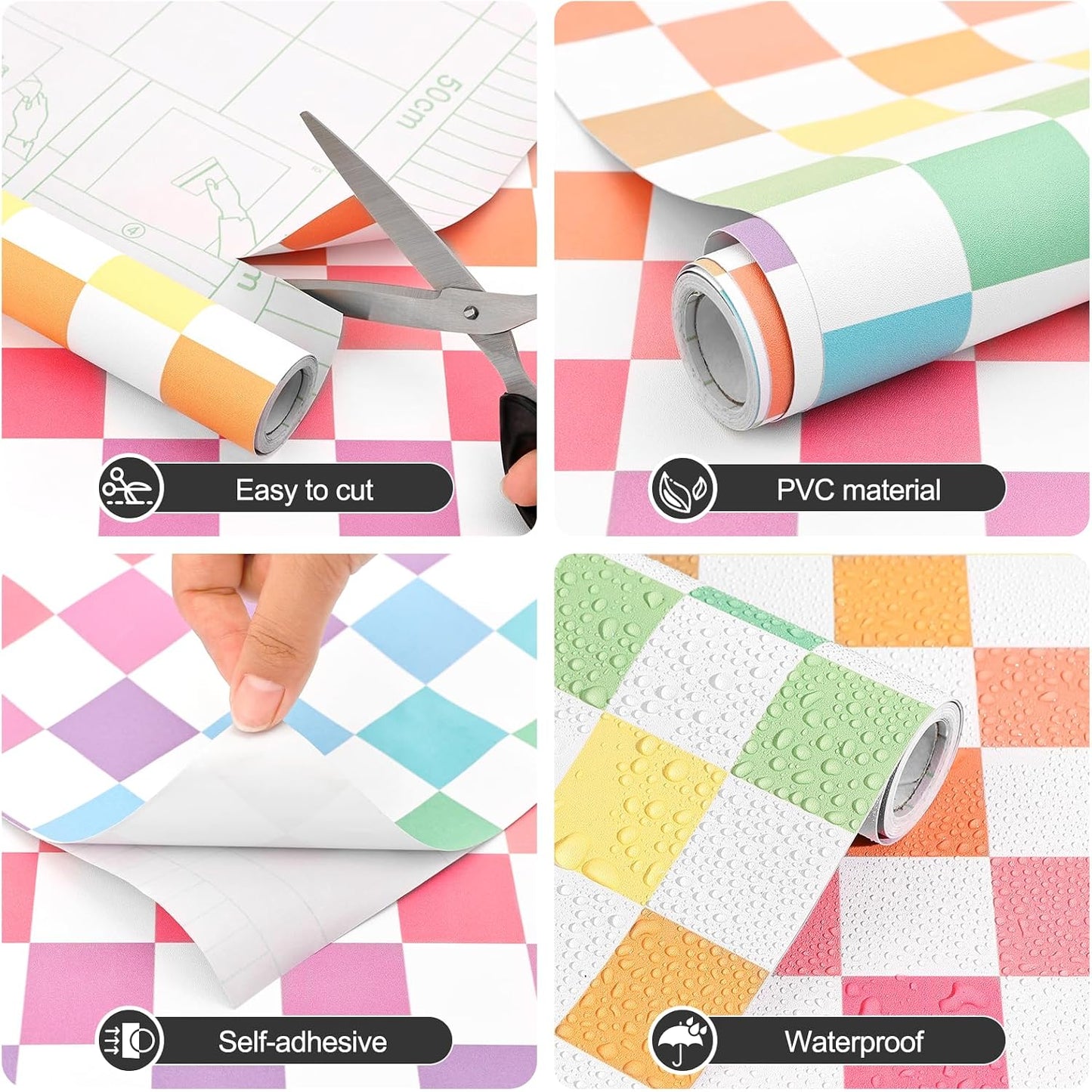 Wallpaper Colorful Waterproof Peel and Stick Contact Paper Vinyl / Rainbow / Checkered / 17.3 x 300