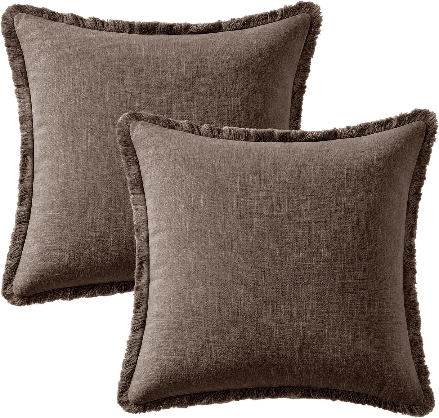 Decorative Linen Fringe Throw Pillow Covers Boho Accent / 20 x 20 / Reddish Brown / Set of 2