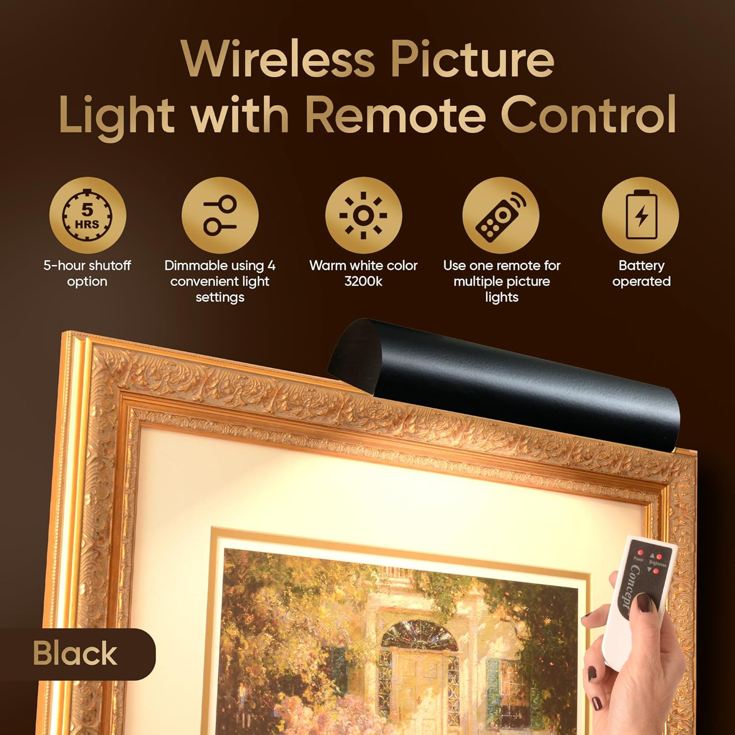 Concept Lighting 103L Cordless LED Picture Light, 11.5-Inch, Black