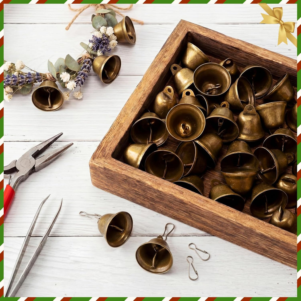 Gejoy 120 Pieces Small Brass Bells with Spring Hooks,Bronze | Vintage Mini for Wind Chimes, Dog Training Doorbell