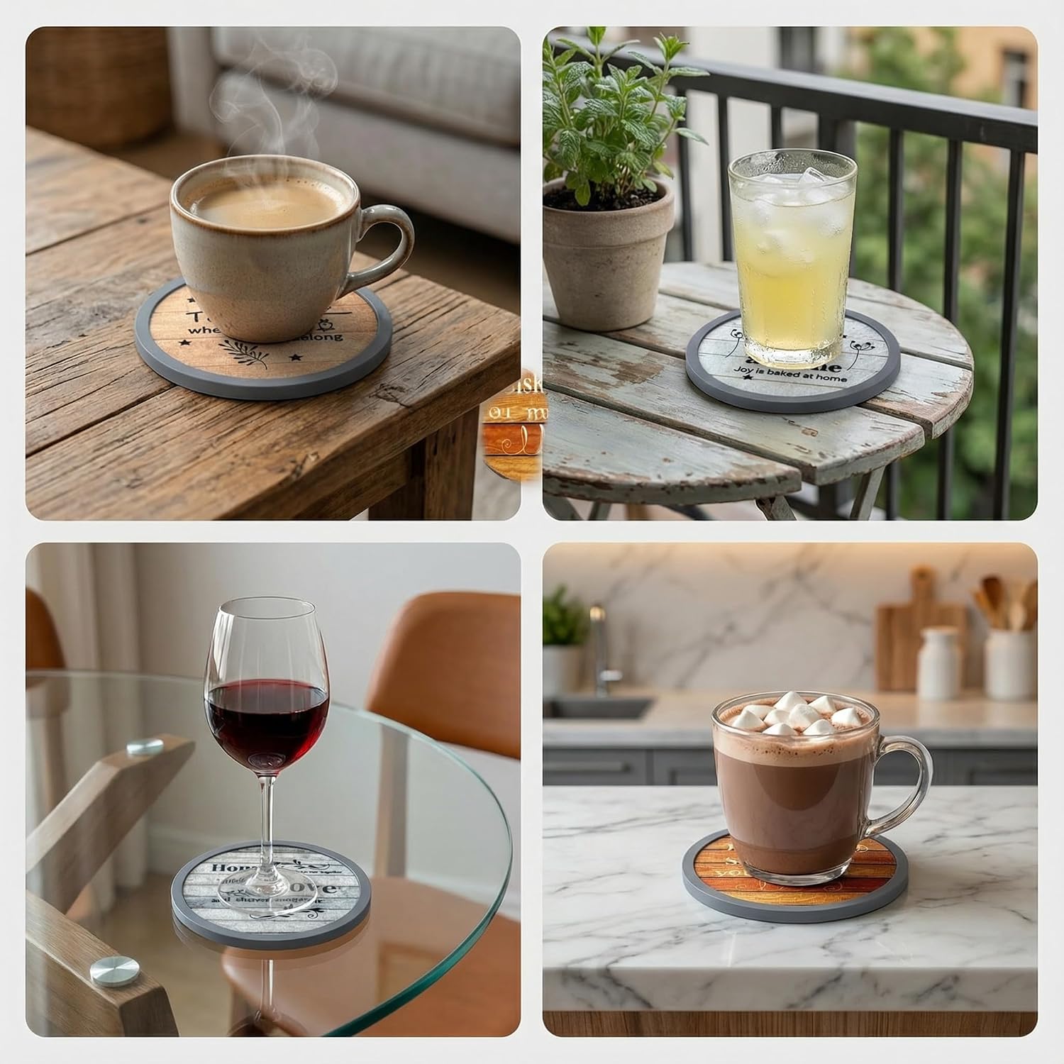Holder / Soft Felt Insert / 4.3 Inch Coasters with 4.5 Inch Holder / Farmhouse Style-02 / Set of 6