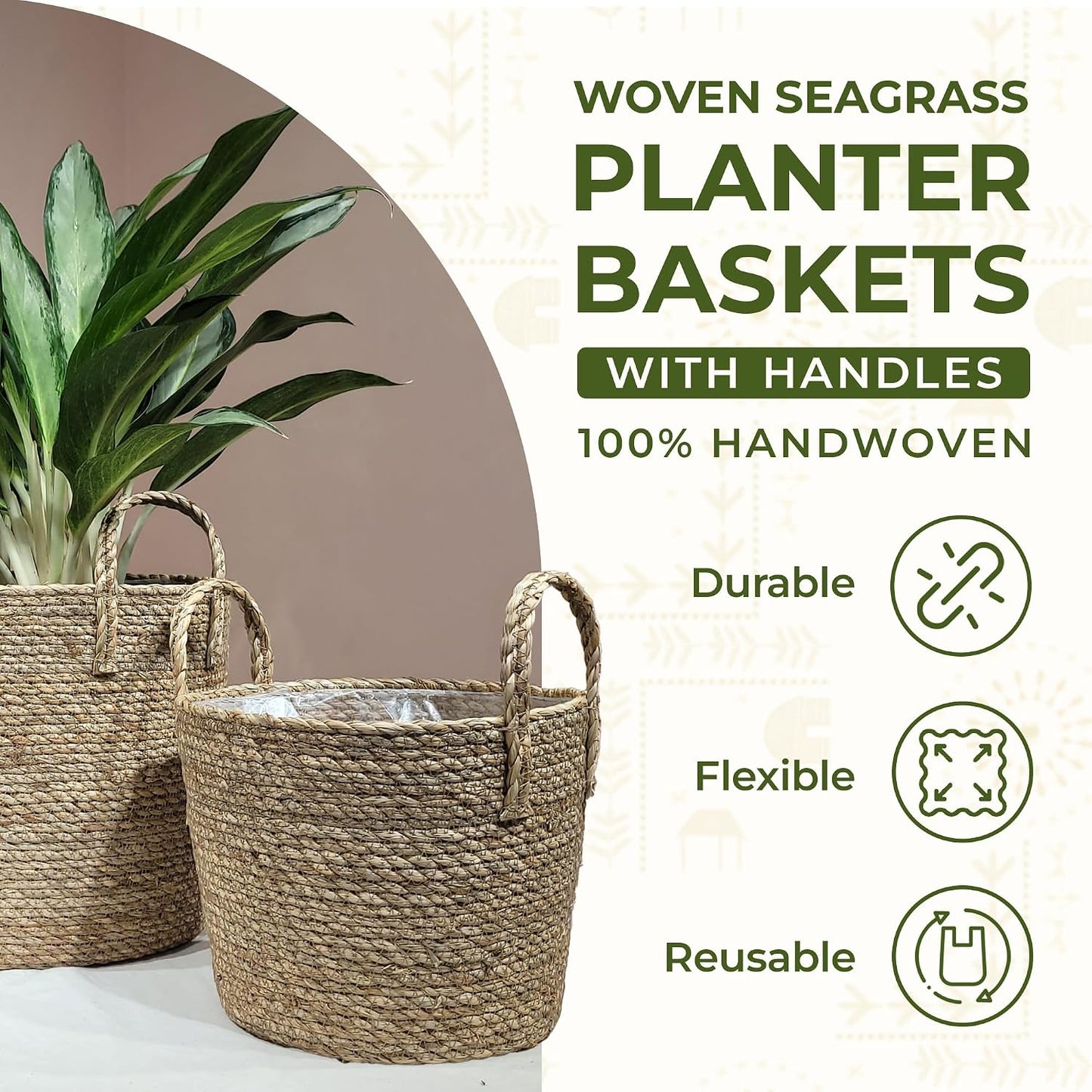 Woven Seagrass Planter Baskets / with Handles / Natural / Set of 2