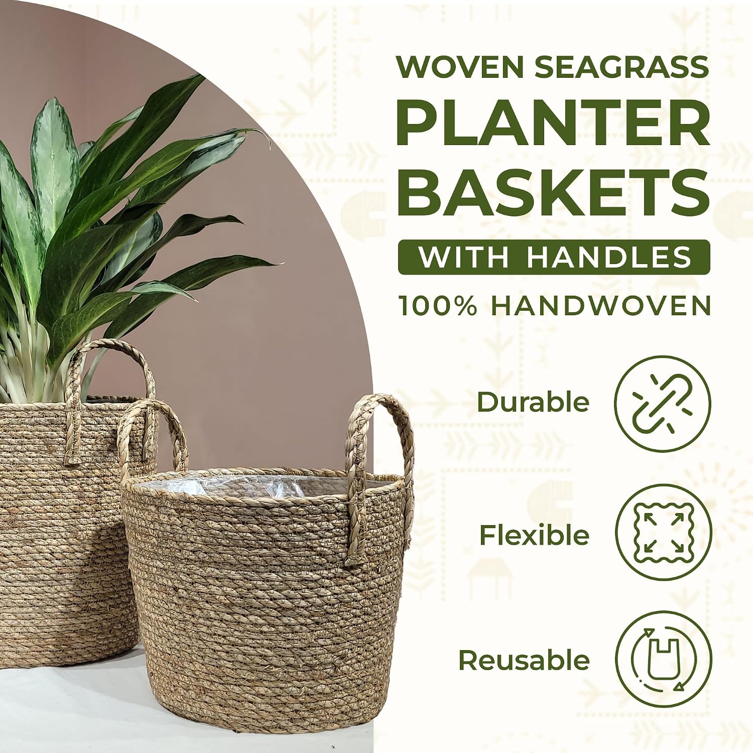 Woven Seagrass Planter Baskets / with Handles / Natural / Set of 2