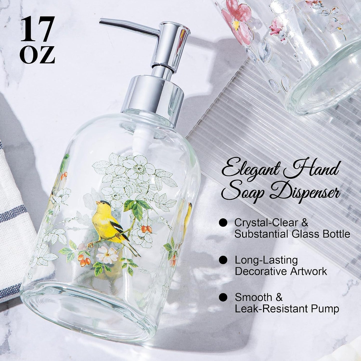 Topadorn 17oz Hand and Dish Soap Dispenser Set, Floral & Goldfinch | 2 Pack Glass Soap Dispensers with Pump, Refillable