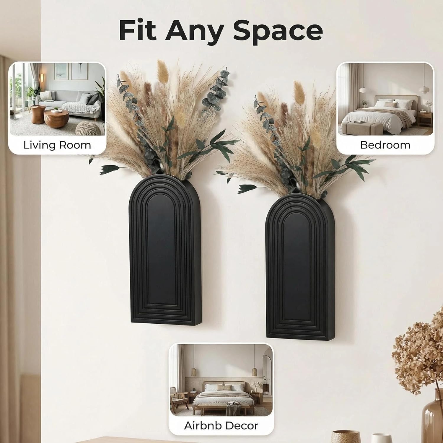 Wooden Wall Vases / Black+dried Flowers / 2 PC / Set of 2