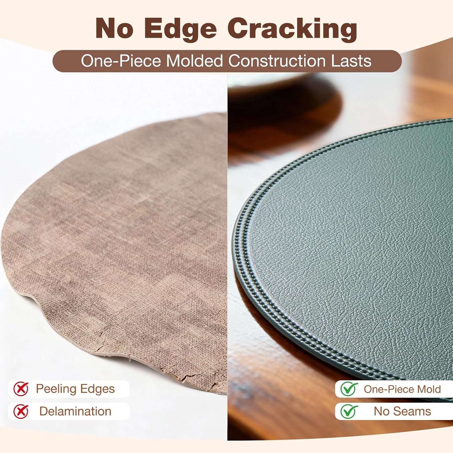 Round Vinyl Brown Placemats Set of 6, Faux Leather Waterproof Wipeable Heat Resistant Place Mats, Washable Table Mats