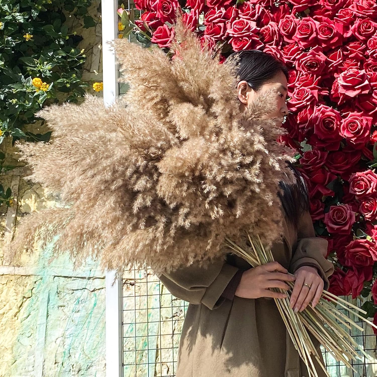 Short Fluffy Pampas Grass Bulk for Small Boho / 17inch -brown / Set of 22