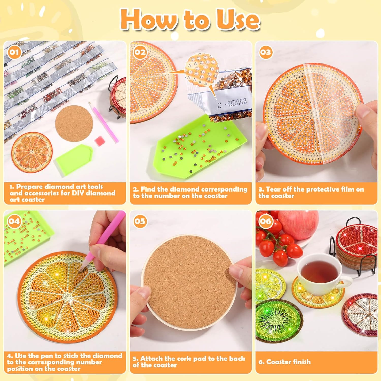 Holder / Diamond Art Coasters / Fruit / Set of 12