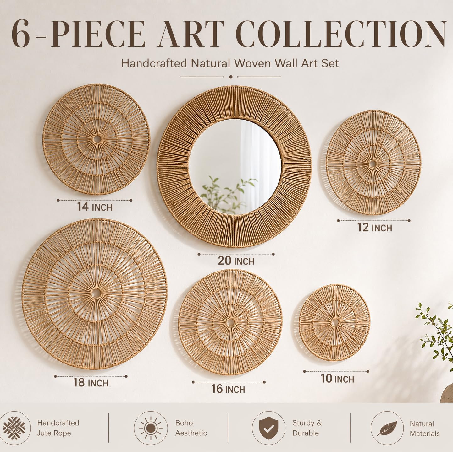 Wicker Jute Wall Decor Baskets / Large / 20 Inch / Set of 6