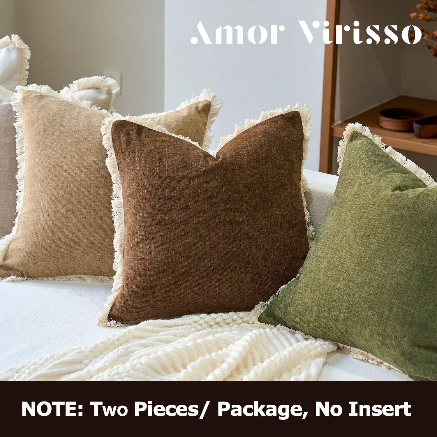 Fringe Throw Pillow Covers Boho Neutral Farmhouse Decorative Pillow / Brown / 18 x 18 / Set of 2