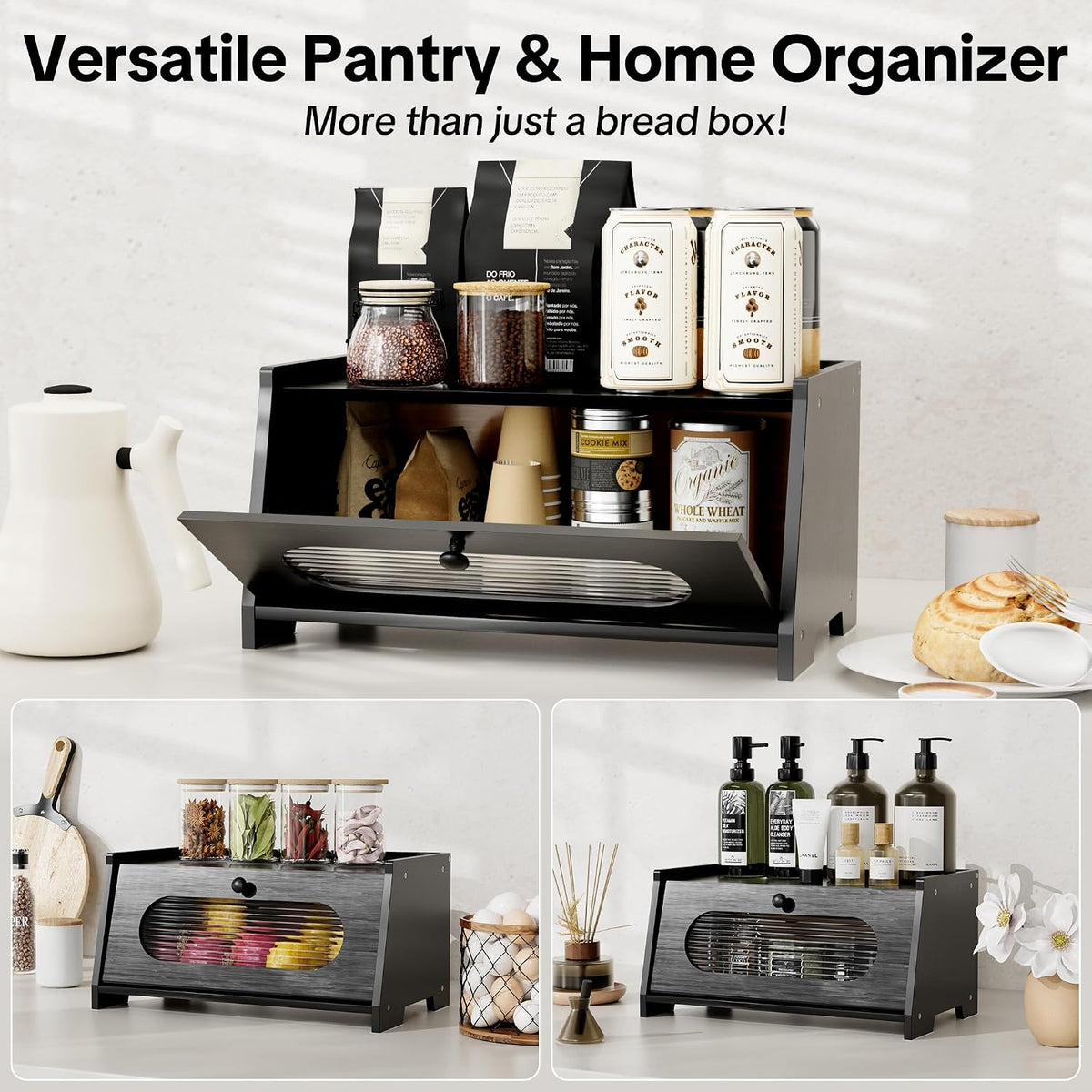 Black Bread Box for Kitchen Countertop,Large Capacity Kitchen Countertop Organizer,Bread Storage with Acrylic Window